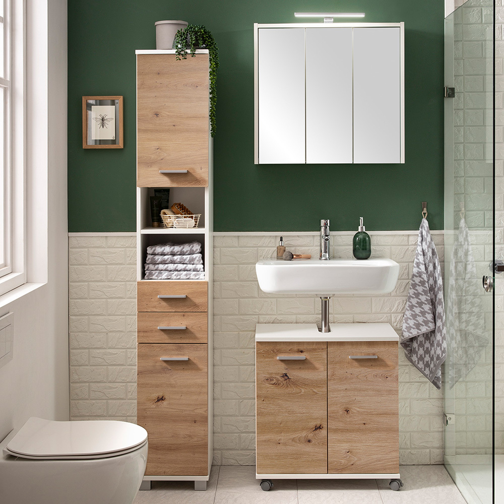 Lomadox Badmöbel Set 3-teilig in weiß mit Eiche PROVIDENCE-80 LA80-PROVIDENCE-80-SET5