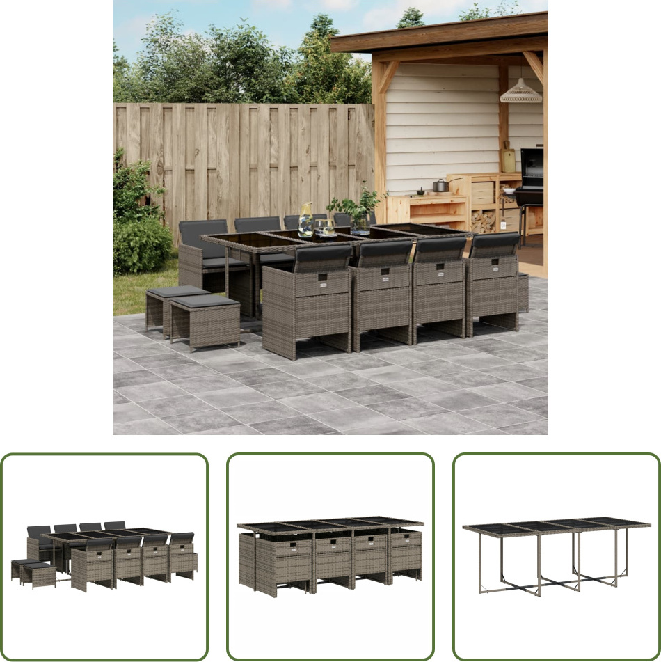 The Living Store 13-dielny záhradný jedálenský set s vankúšmi sivý polyratan