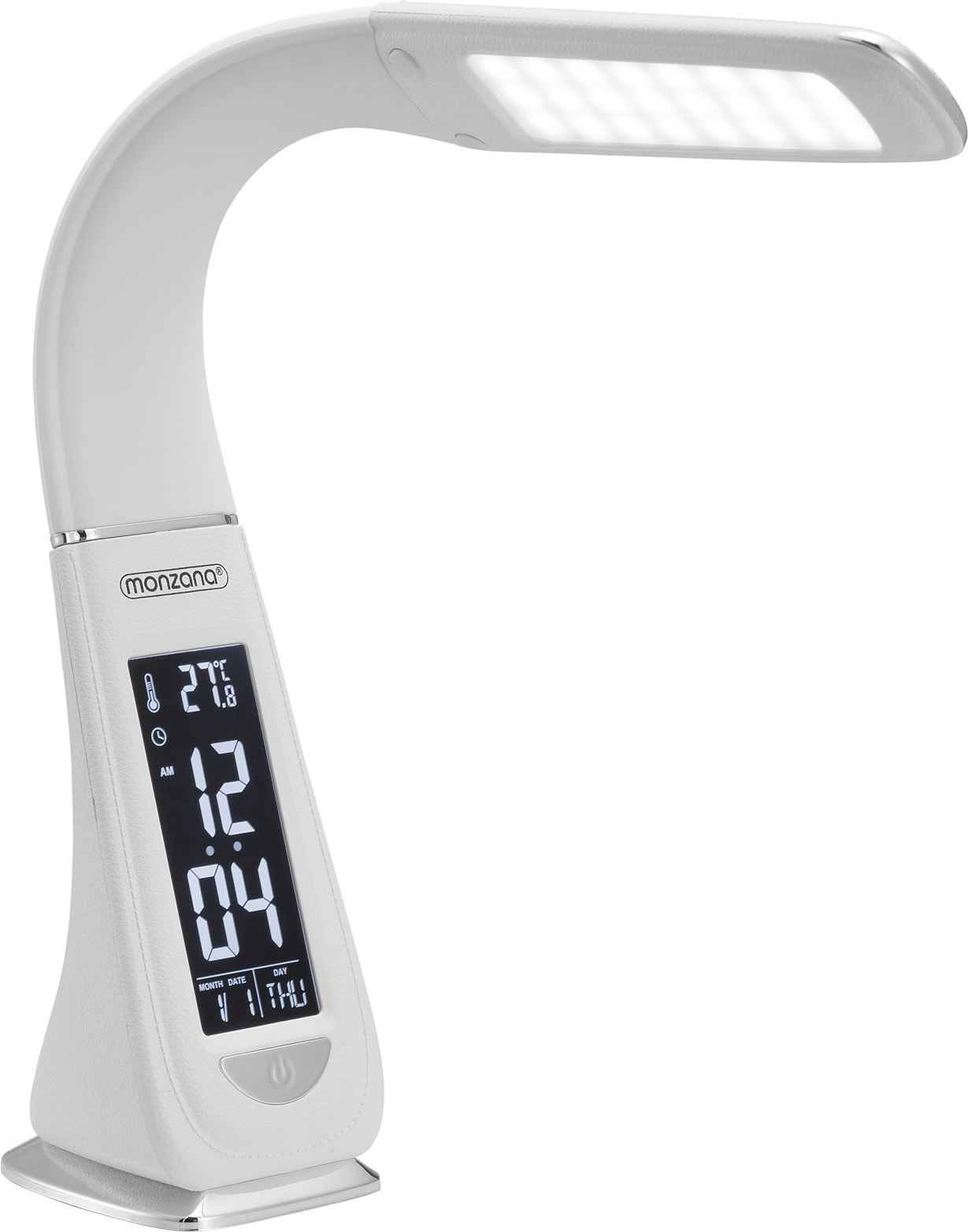 MONZANA® Schreibtischlampe LED mit Uhrzeit Wecker Temperatur Kalender Dimmbar Nachttischlampe Tischlampe Bürolampe Weiß 11809