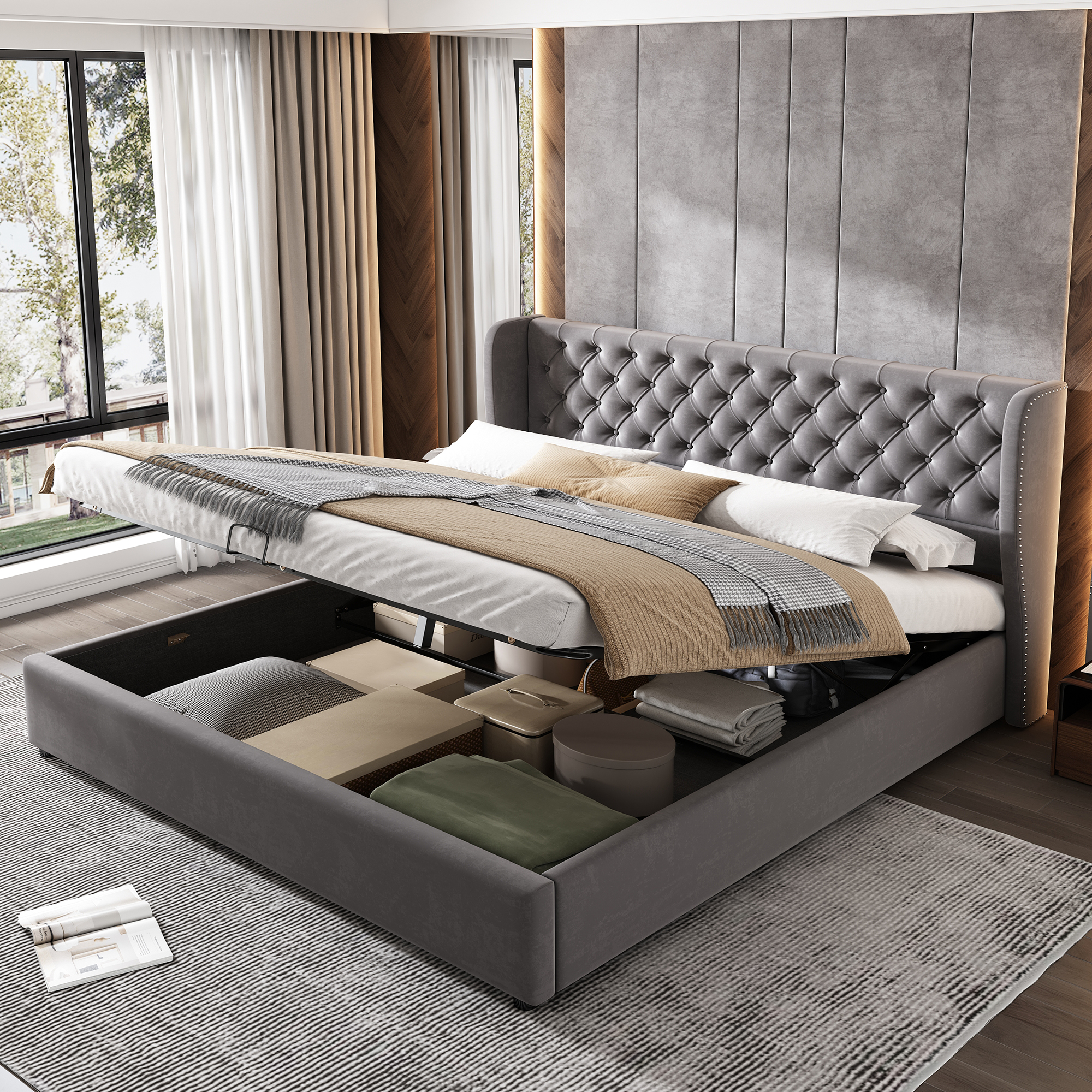 Merax čalúnená posteľ 160x200 cm s lamelovým roštom a dizajnom nitov, hydraulická skriňová pružina s úložným priestorom, manželská posteľ Drevená posteľ pre mladých zamatová, sivá