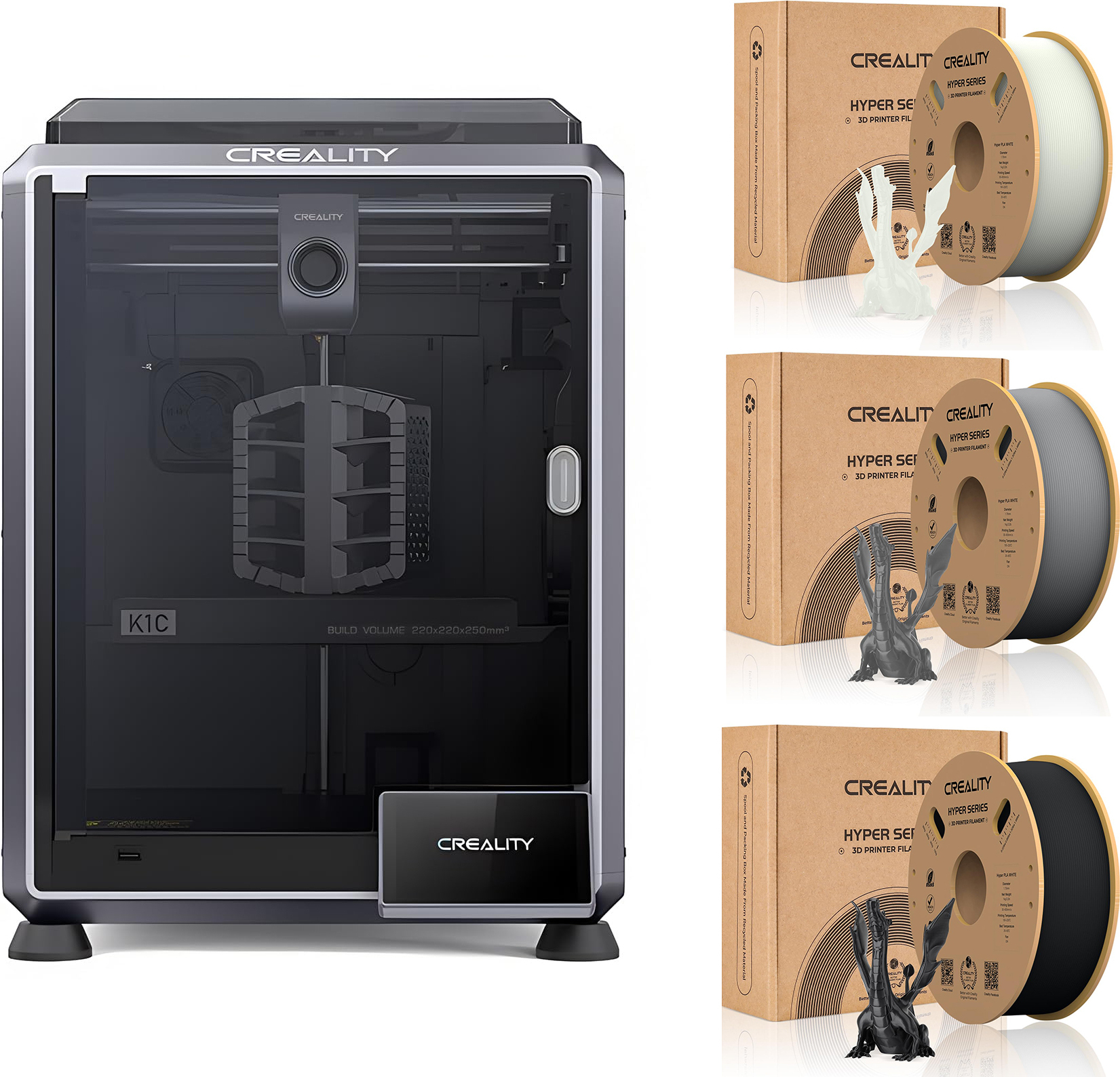 CREALITY 3D Creality K1C 3D Drucker, mit 3kg Creality Hyper PLA Filament--(Weiß+Schwarz+Grau)