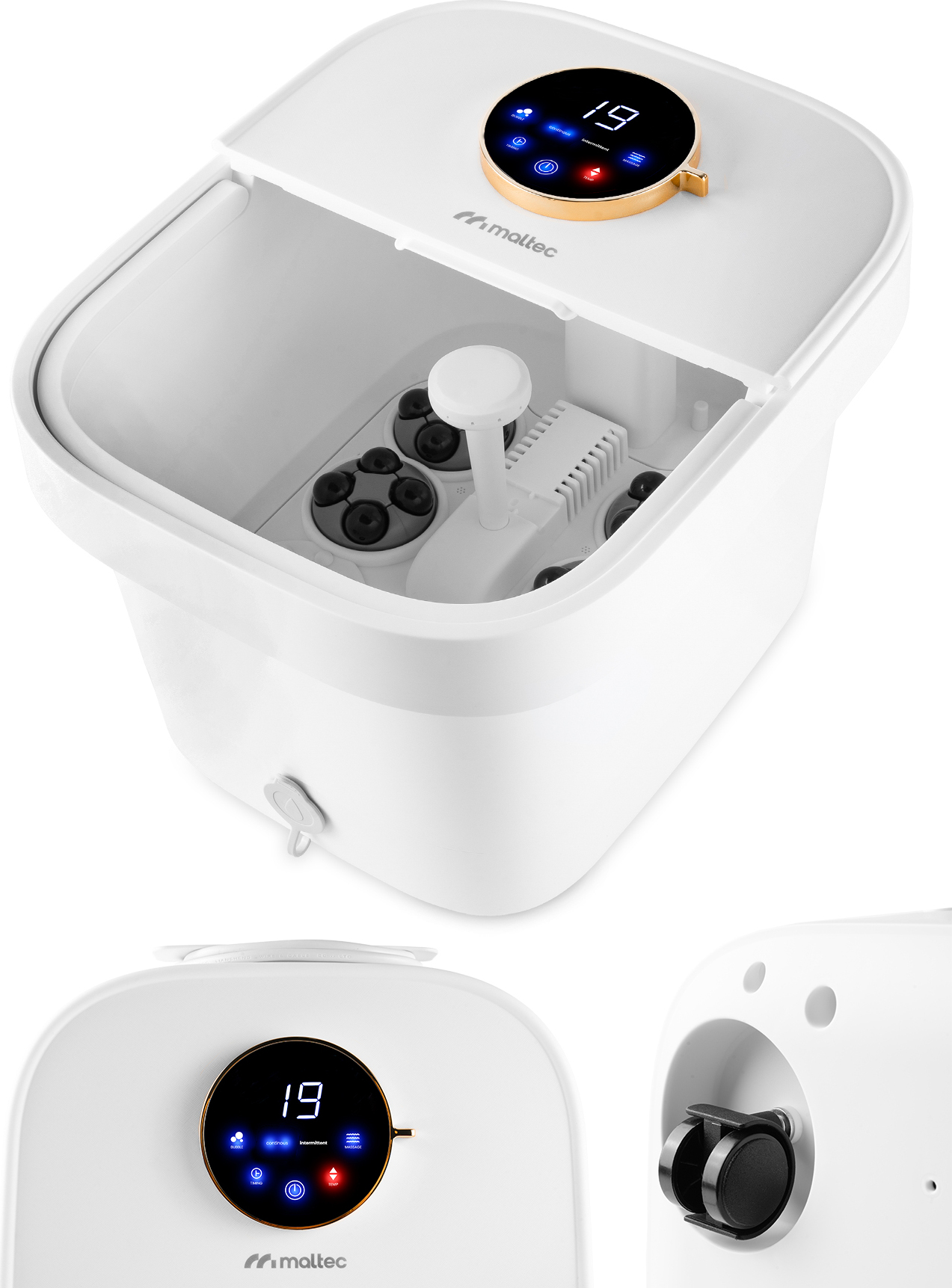 MalTec Fußmassagegerät Wasser Hydromassager PRO-Hydro500W 6 Massagerollen Timer Weiss Touchscreen
