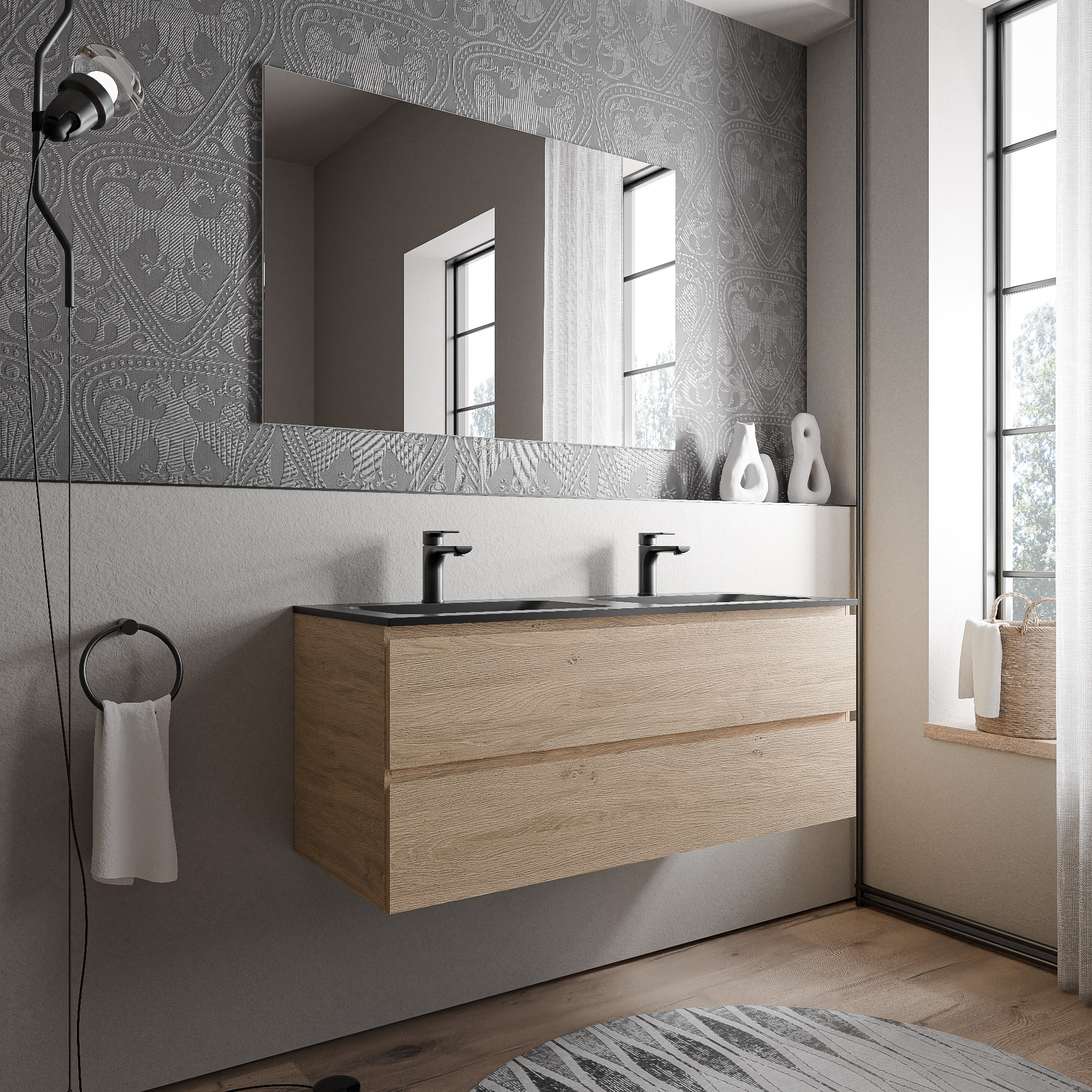 Unterschrank AVA 120 cm mit Mineralguss Waschbecken BRUXELLES - Farbe wählbar, Auswahl Waschbecken:Schwarz matt mit Hahnloch, Farbe Badmöbel:Eiche Honiggold