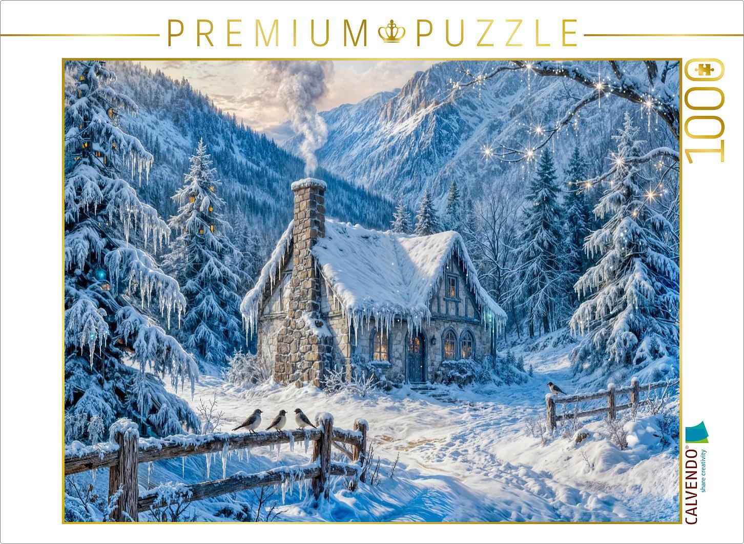 CALVENDO Puzzle Winter‑Cottage im Bergwald mit Zaun und Waldvögeln | 1000 Teile Lege-Größe 64x48cm Foto-Puzzle für glückliche Stunden