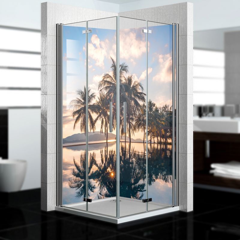 dedeco Eck-Duschrückwände Aluminium wasserfest Motiv: Palmen V1, Nano-Protect seidenmatt, 2 x 100x210x0,3cm, Fliesenersatz fugenlos Wandverkleidung Wandpaneele, Germany