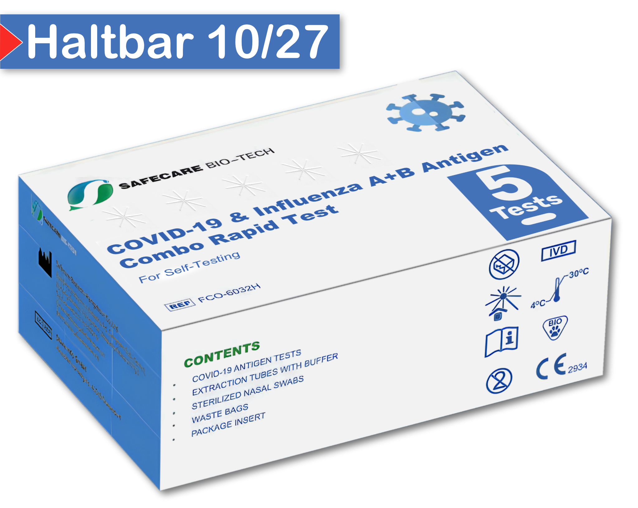 Safecare Biotech 5x Safecare 3in1 COVID-19 & Influenza A+B Antigen Selbsttest | MHD 10/27 - neueste Formel | Grippe SARS-CoV-2 Antigentest Schnelltest | 3124 FCO-6032C