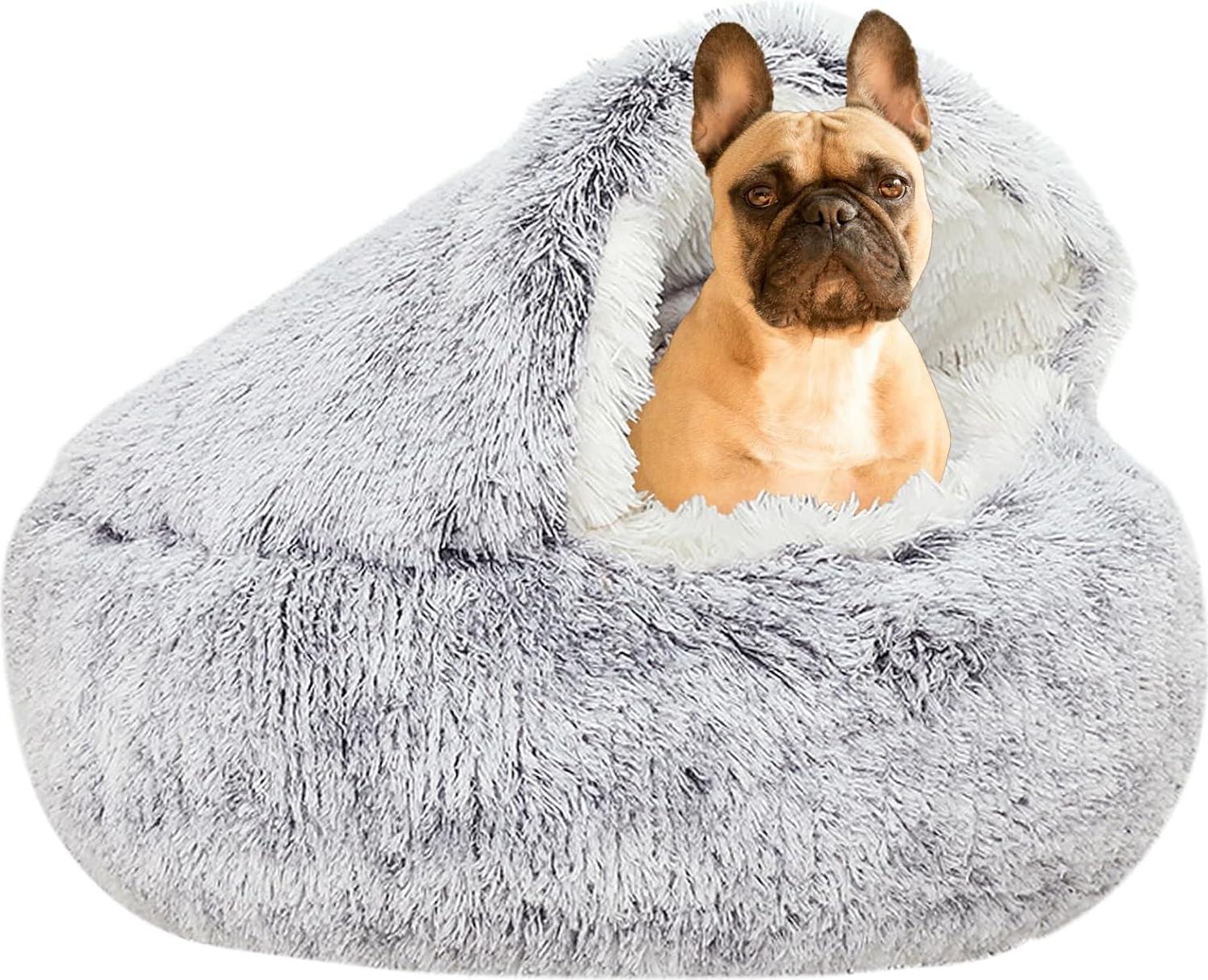 Markenlos Überdachte Hunde- und Katzenliege - YUDANSI Plüsch Katzenhöhle - Donut für Kätzchen - Flauschige Katzenliege für kleine bis mittelgroße Hunde und Katzen 65cm