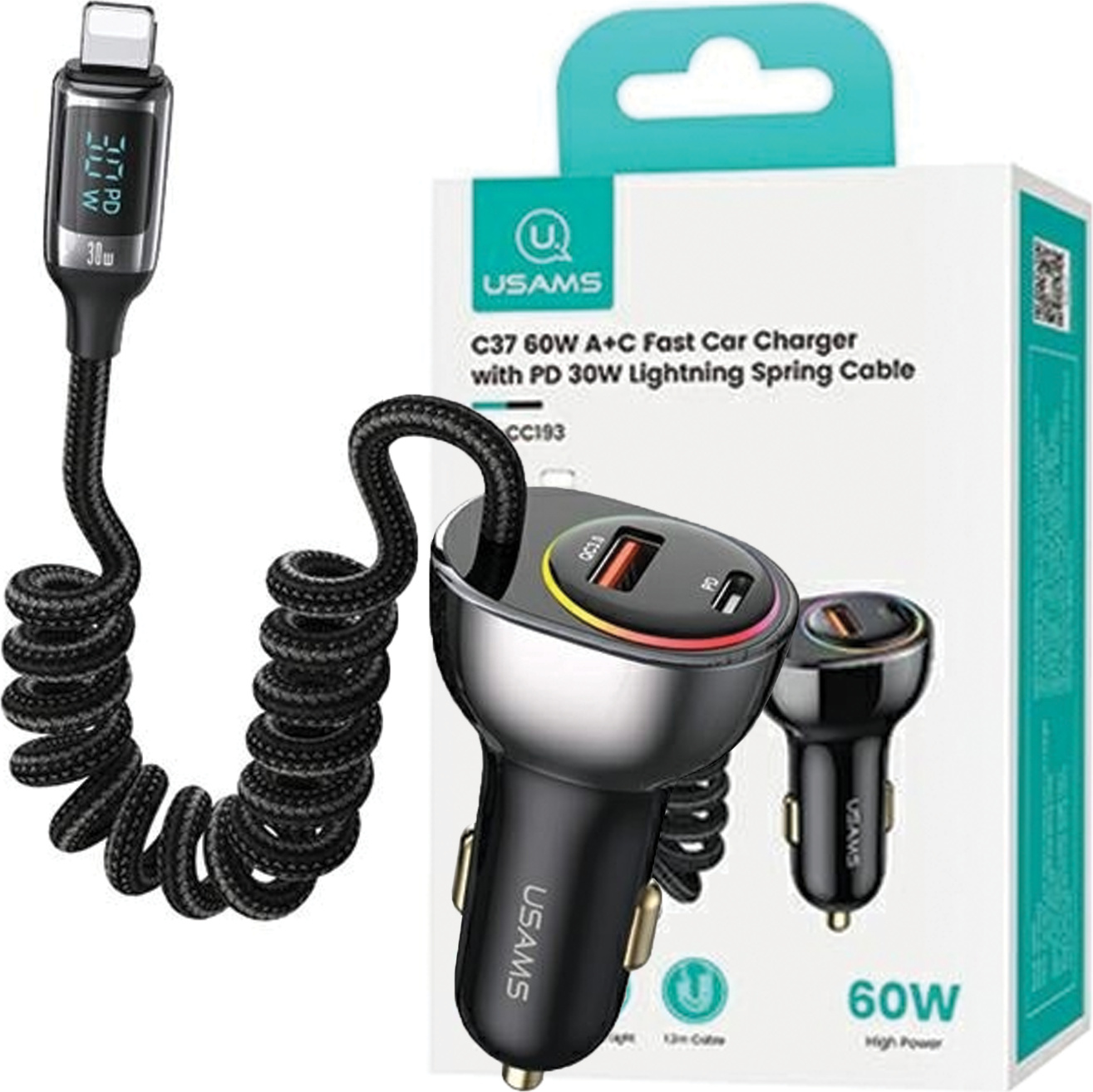 Usams Lad. Sám. C37 1Xusb+1Xusb-C 60W + Osvetľovací Kábel 30W Pd+Qc Fast Charge Čierna/Čierna Cc193Cc01 (Us-Cc193)