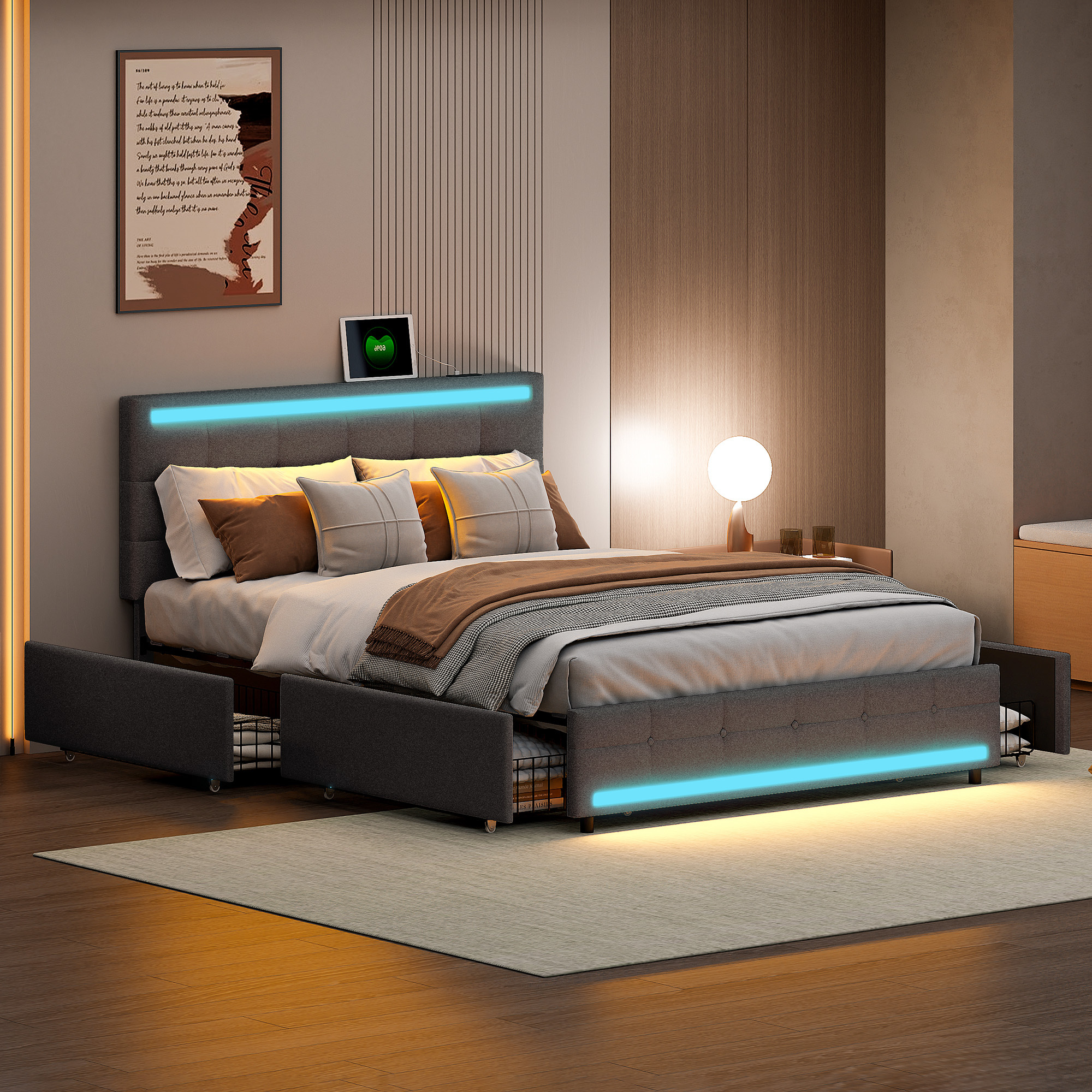 Doppelbett 140x200 cm mit LED-Beleuchtung, 4 Schubladen, USB-Anschluss, grauem Stoffbezug, Lattenrost, modernem Stil.