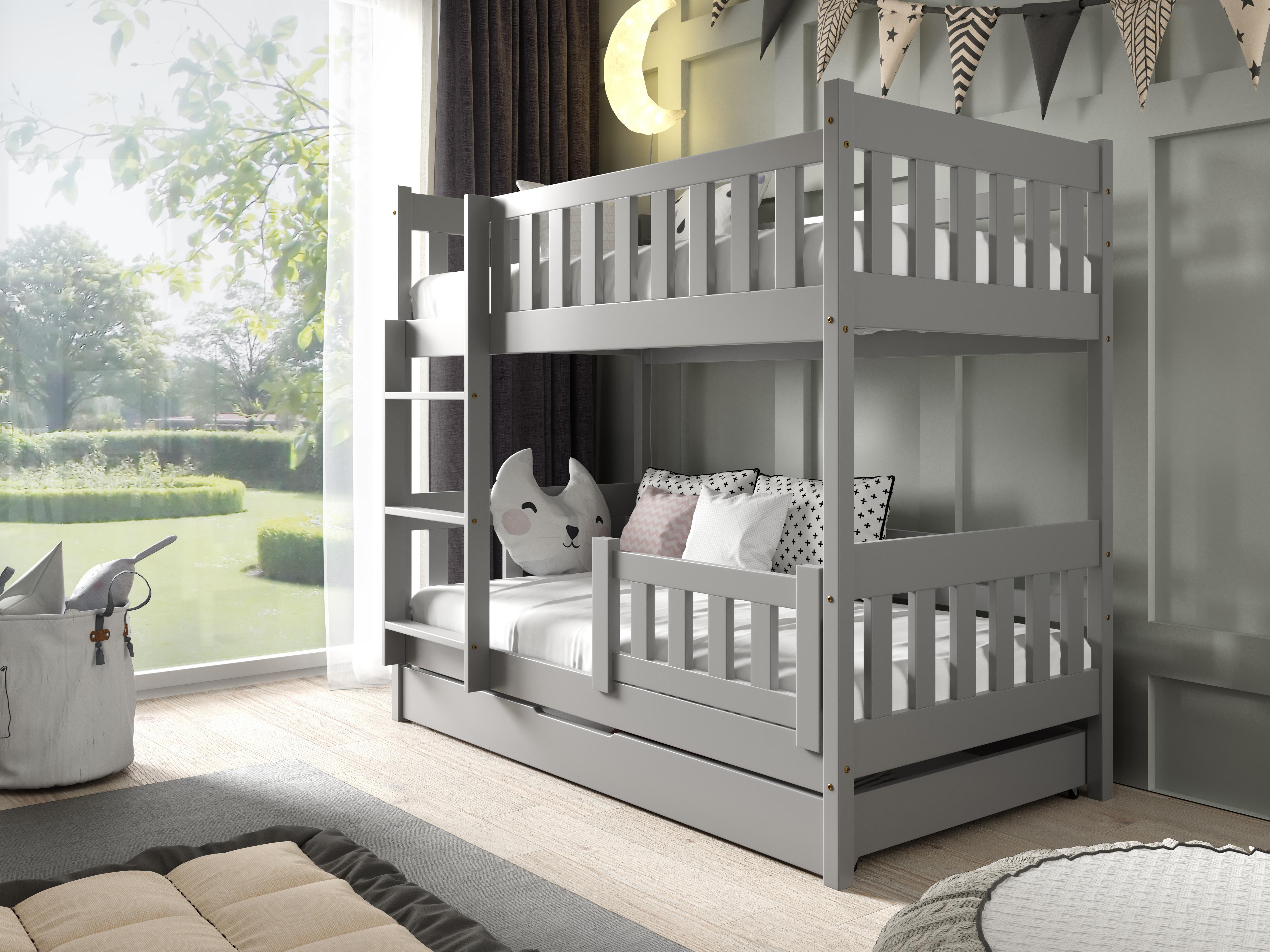 JKG Meble Etagenbett für Kinder - Kinderbett aus Holz - Kinderbett mit Matratze - klassisches Kinderbett 190 cm - Grau