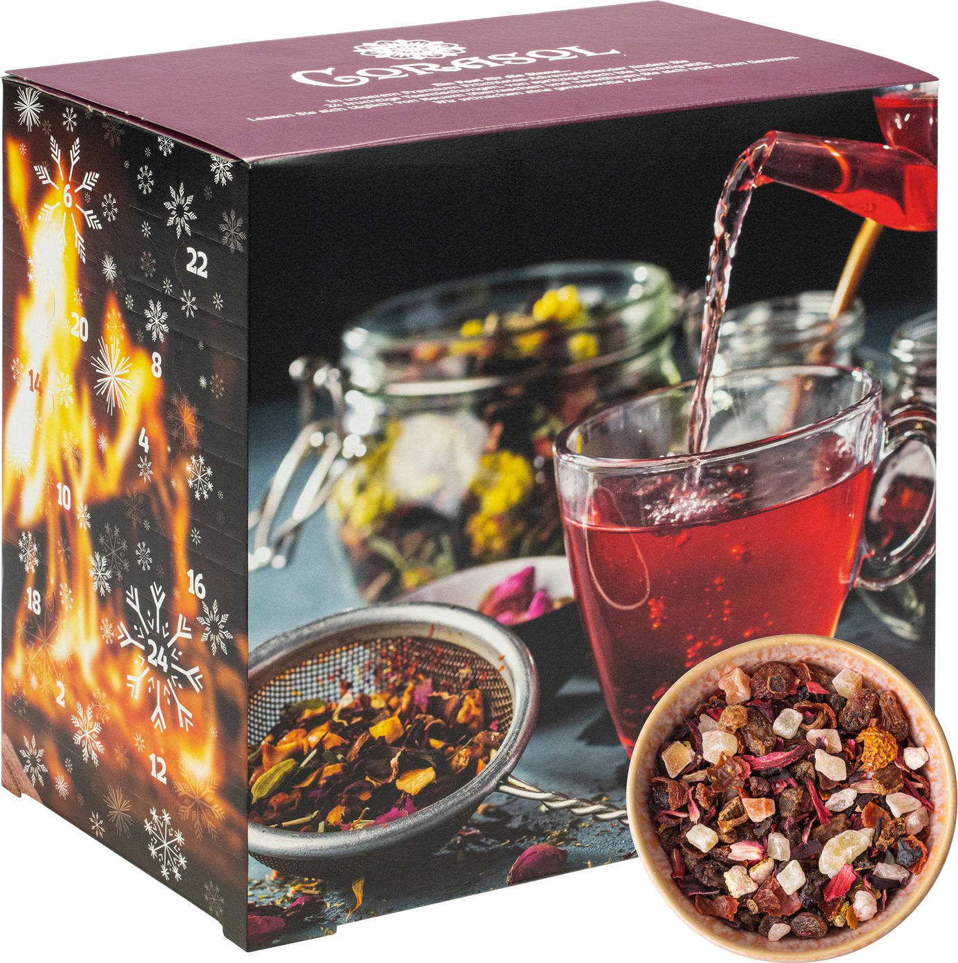 Corasol Premium Früchtetee-Adventskalender, 24 fruchtige Gourmet-Teesorten, loser Tee, Geschenk-Idee für Frauen (231 g) CORXTEA-FRT