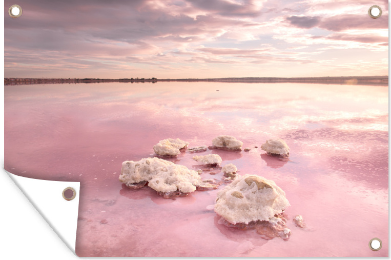 MuchoWow® 90x60 cm Outdoor-Poster Gartendeko Sichtschutz Garten Poster für den Garten Rosa Salzsee in Spanien bei Sonnenuntergang 133|168183813