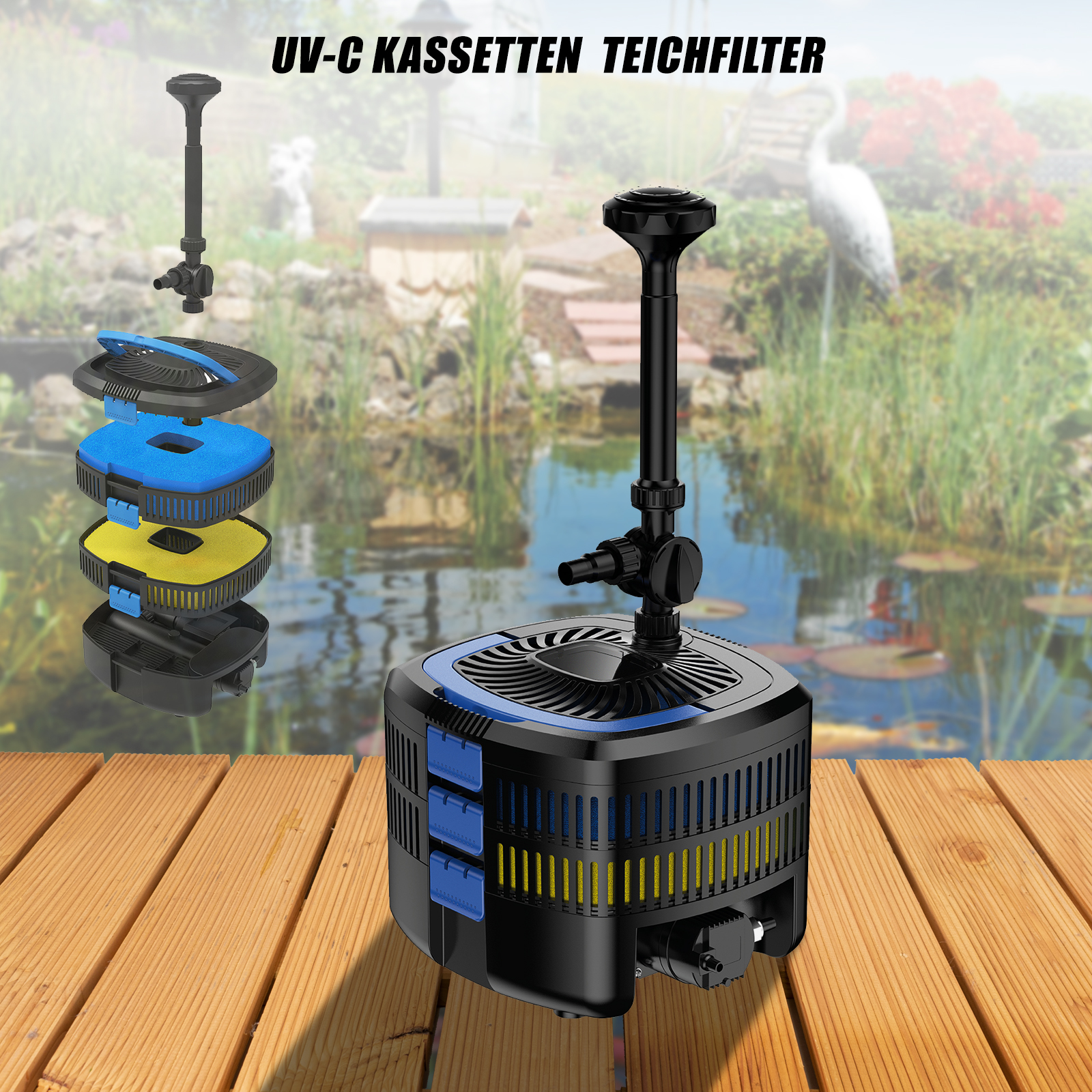 Mauk UV-C Kassetten Teichfilter System Reinigung & Fontäne Unterwasser Komplettset mit Pumpe & UV Lampe 