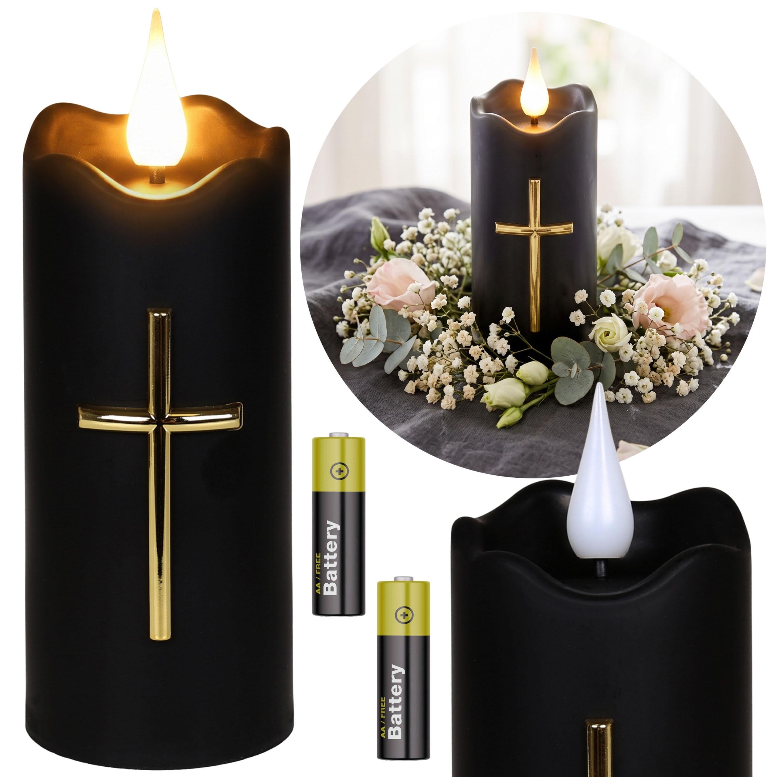 Schwarze LED-Kerze mit Kreuz und Flammeneffekt