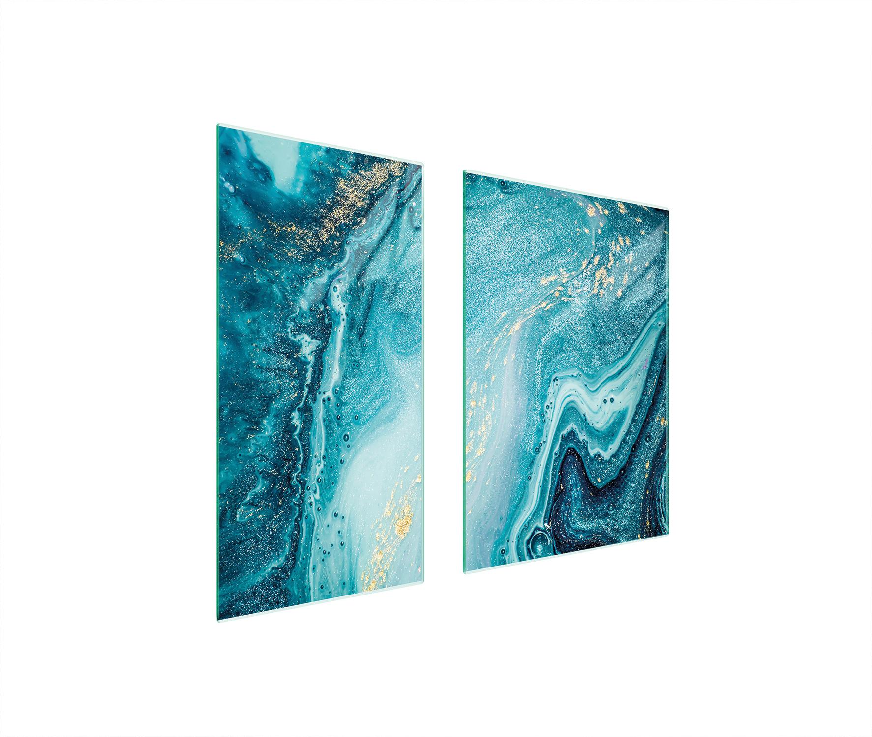 TMK ArtDeko Herdabdeckplatten 2 teilig 75x52 Ceranfeld Abdeckung Glas Schneidebrett Marmor Türkis