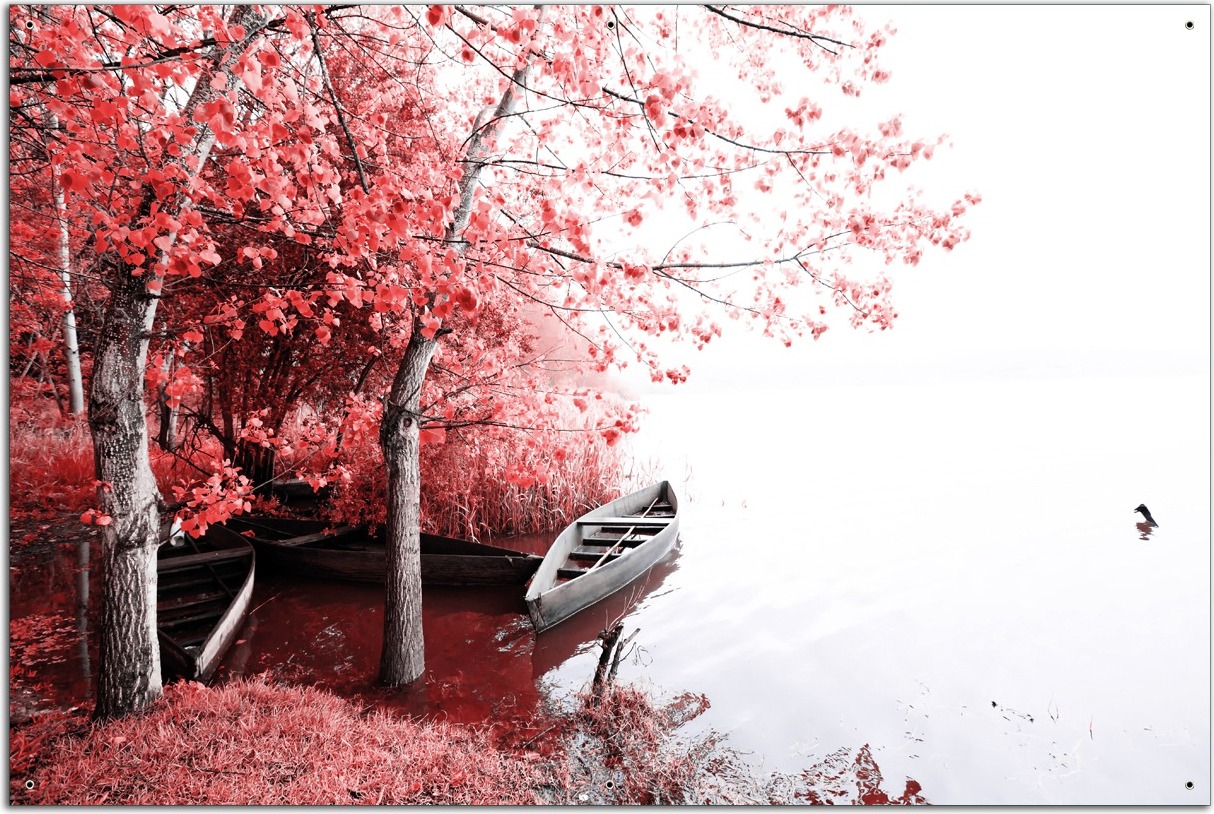 Wallario Outdoor-Poster für Garten oder Balkon, Motiv Romantische Bootsanlegestelle in rot-weiß, in ca. 61 x 91,50 cm odp0080-61915