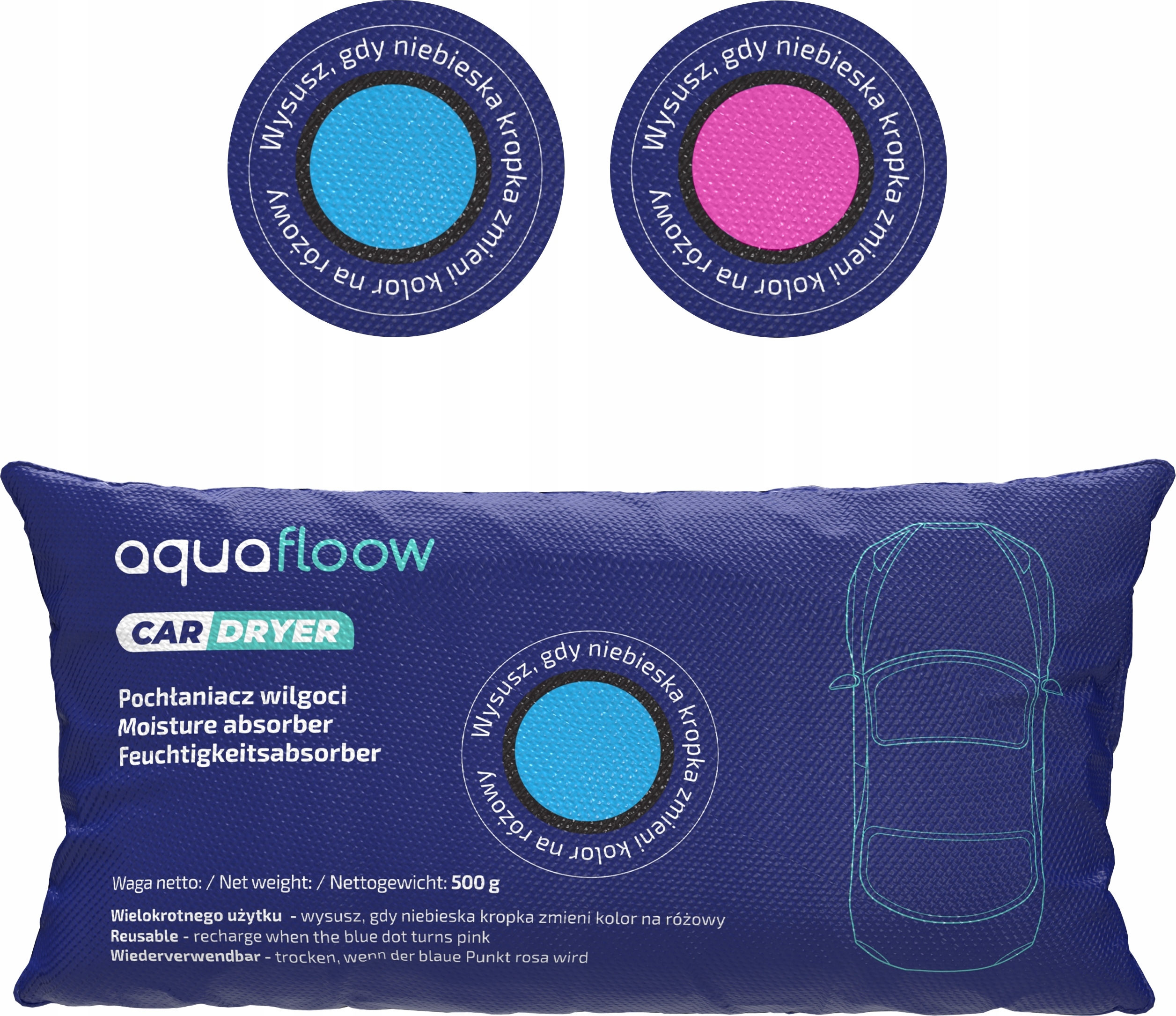 Aquafloow 1 Stück 500g Autofeuchtigkeitsabsorber mit Indikator - Wiederverwendbar, Siliziumdioxid AF63-500