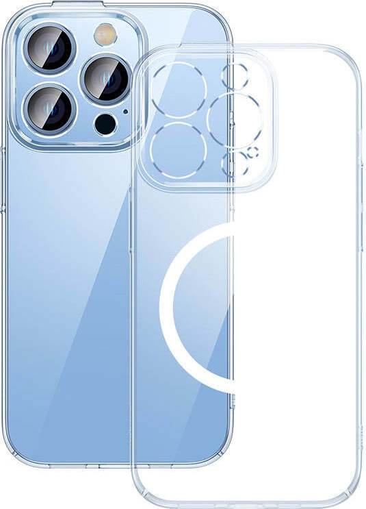Magnetické puzdro Baseus Crystal pre iPhone 14 Pro s ochranným tvrdeným sklom na displej, priehľadné