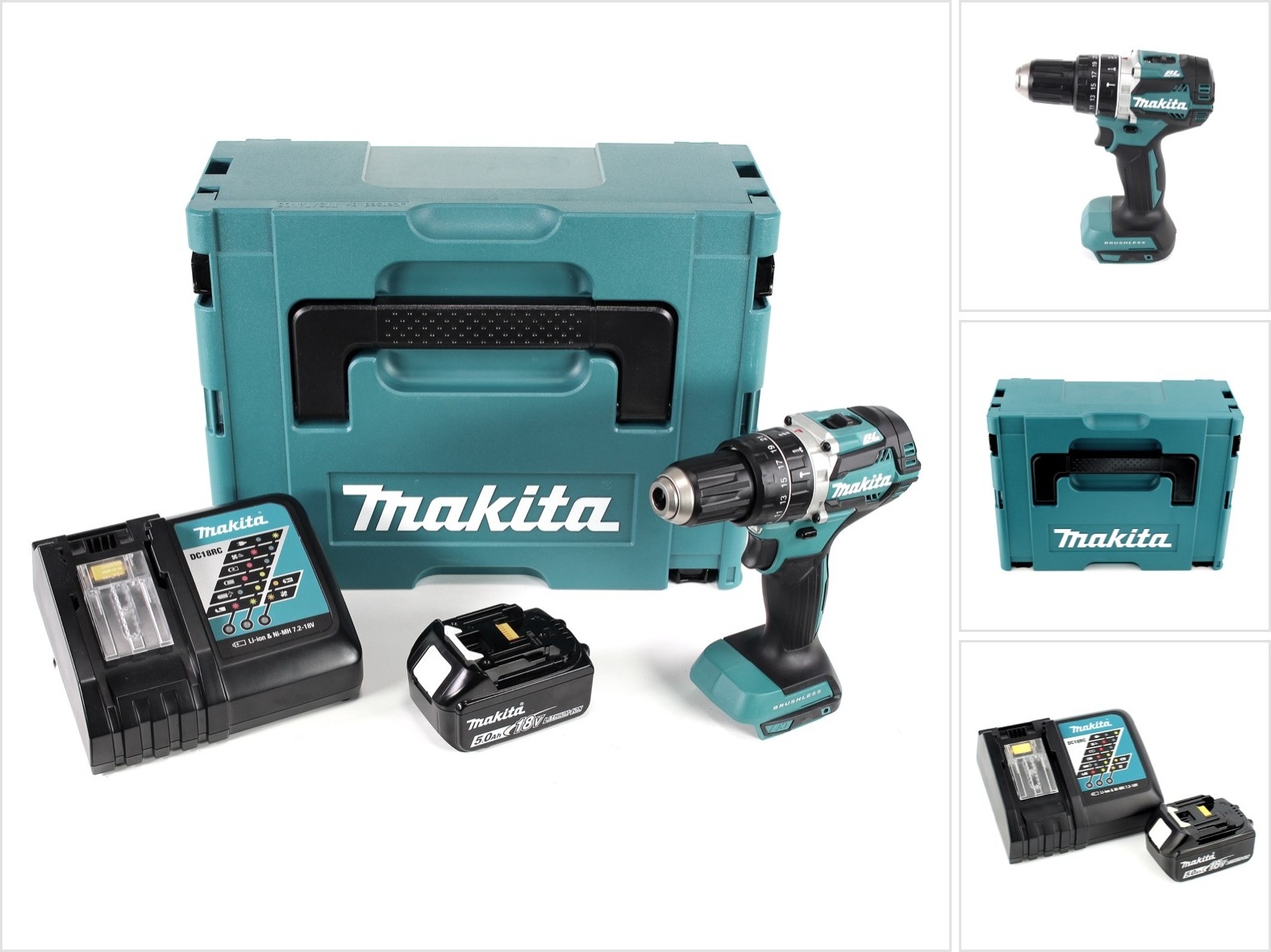 Akumulátorová príklepová vŕtačka Makita DHP 484 RT1J 18V Brushless Li-Ion v balení Makpac vrátane 1x akumulátora BL 1850 B 5,0 Ah a nabíjačky DC18RC