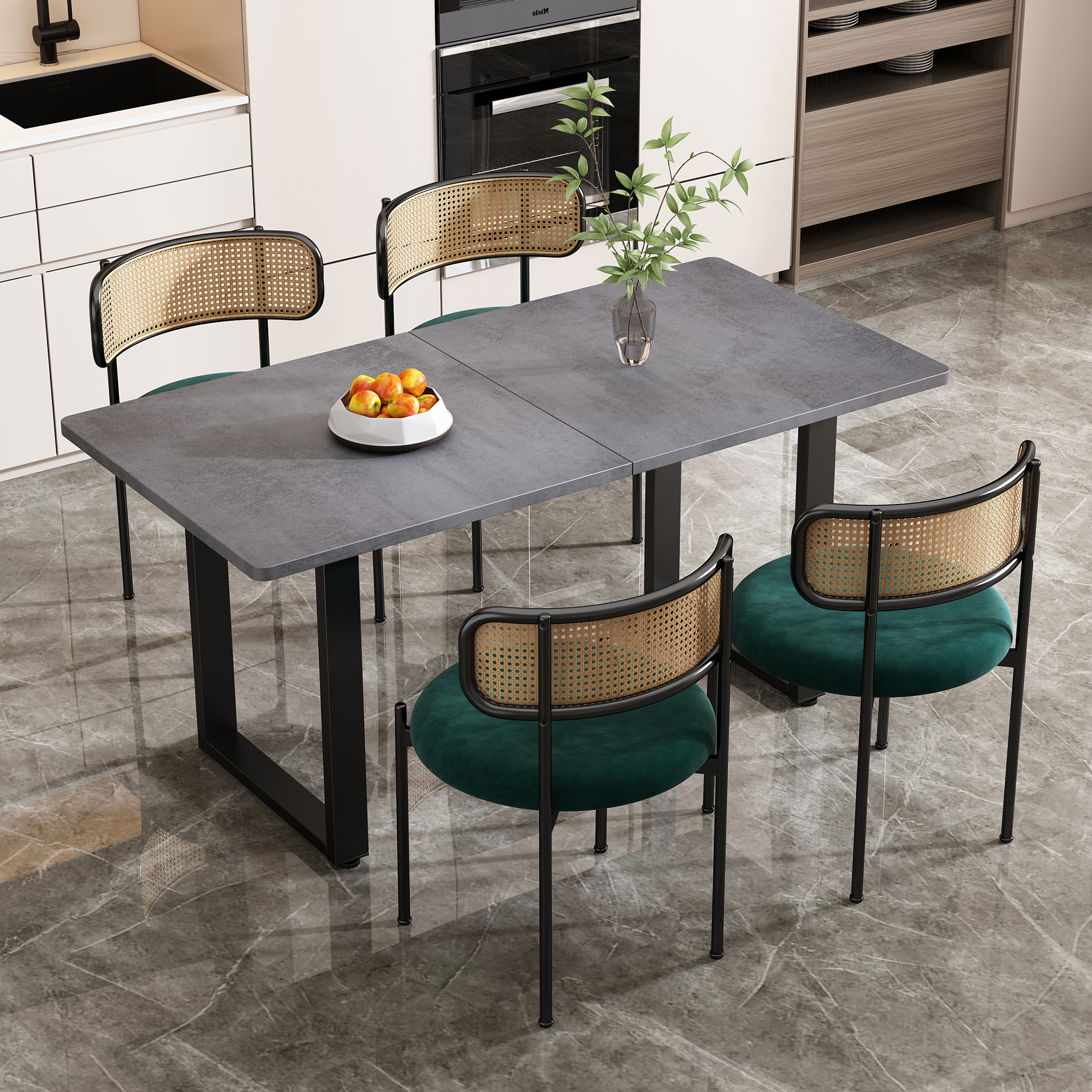 Flieks Essgruppe Sitzgruppe 5-tlg, 4 Rattan-Freizeitstuhl und 1 rechteckiger Esstisch, Freizeittisch 140x70x75 cm, Grau + Grün + Schwarz