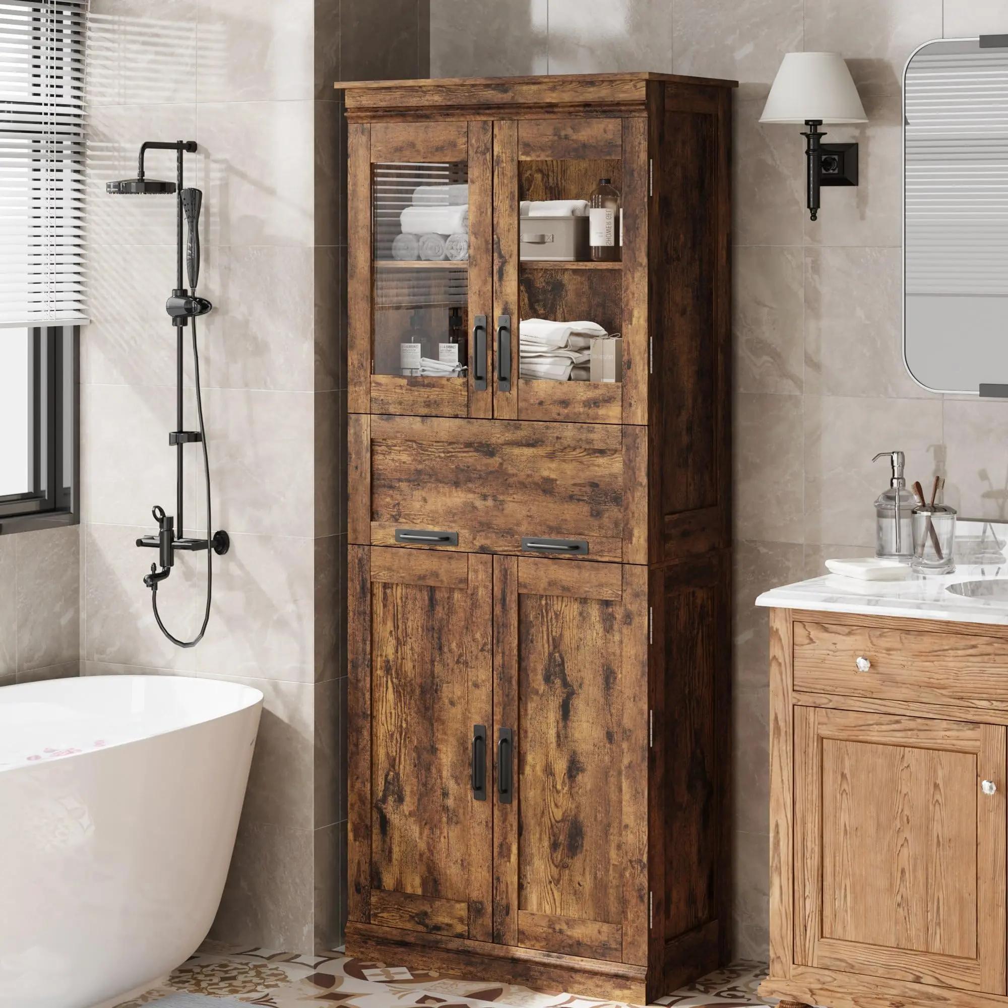 StarTech Hochschrank - 2 Reihen - 170 cm - Glastür - Schublade - Verstellbare Einlegeböden - Freistehend - Retrobraun