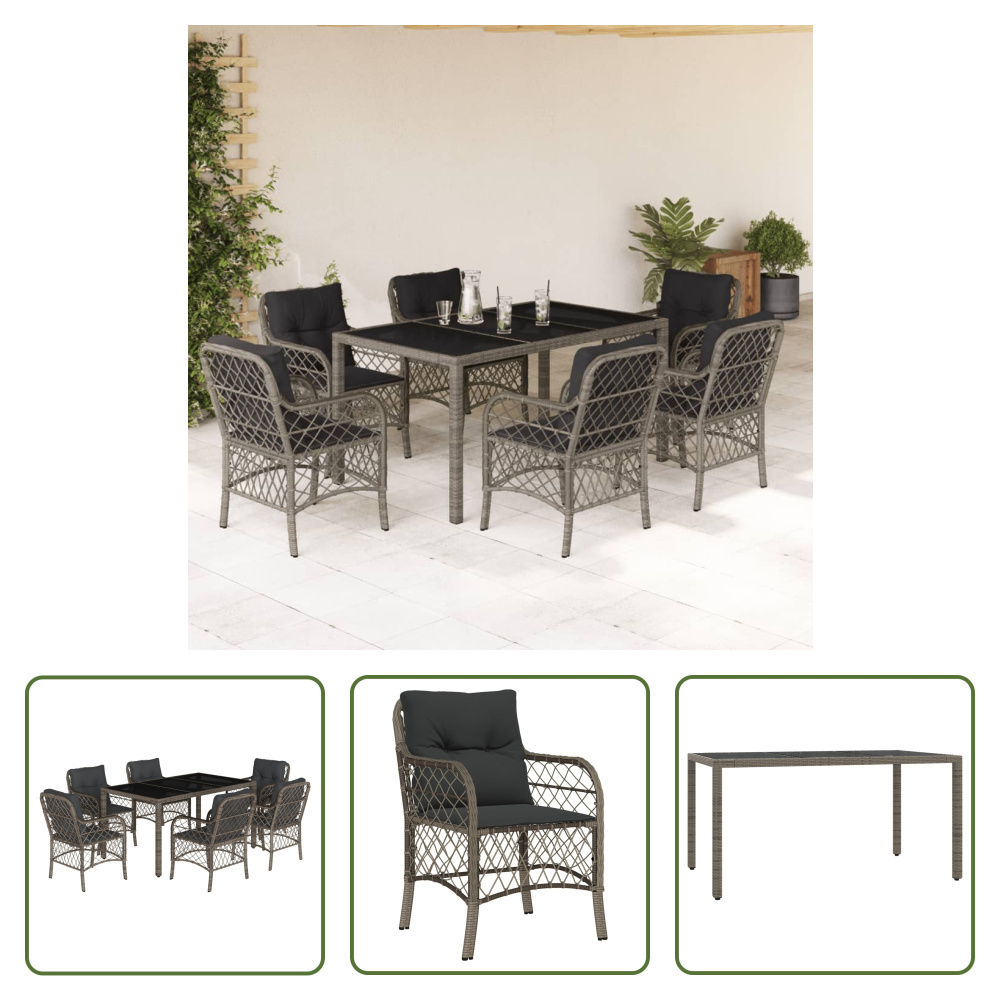 The Living Store 7-dielny záhradný jedálenský set s vankúšmi sivý polyratan