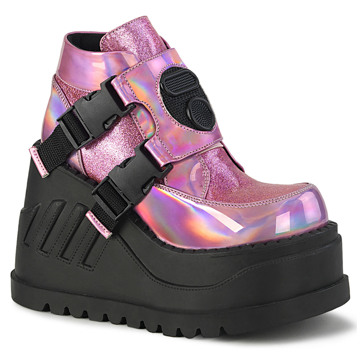 STOMP-15 DemoniaCult topánky na klinovej platforme ružové hologramové trblietky zapínanie na patentku