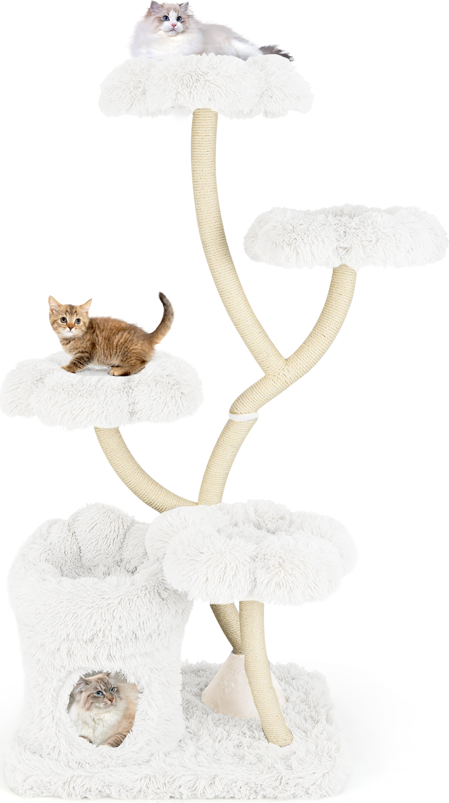 COSTWAY Kratzbaum 165cm, Katzenbaum Katzenmöbel mit 4 warmen Liegeflächen & Katzenhöhle & Sisalstämmen, Kletterbaum Katzenturm für Katzen Weiß
