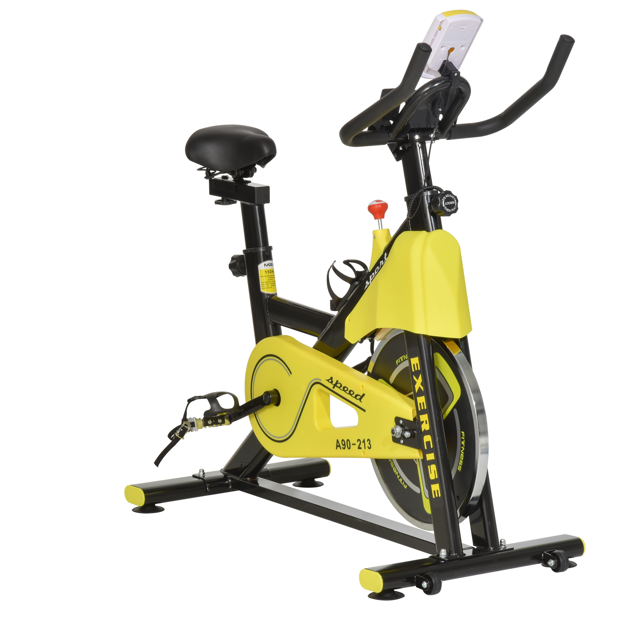 HOMCOM výškovo nastaviteľný cvičebný bicykel fitness bicykel valcový trenažér s remeňovým pohonom LCD displej oceľ ABS žltá + čierna 50 x 100 x 101-113 cm