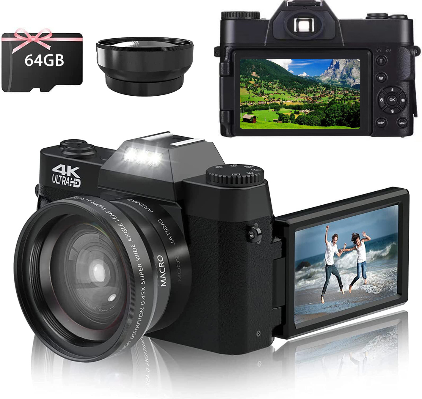 LINGDA Fine Life Pro Digitalkamera (64GB- Speicherkarte) 4K Ultra HD 48MP Flip-Screen 16X Digitalzoom XJ-9