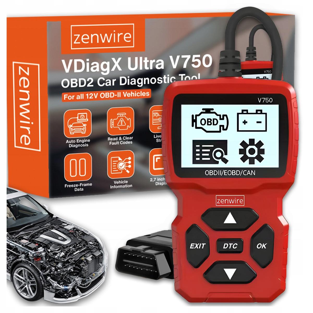 ZENWIRE Diagnoseschnittstell - OBD2 - 2,7-Zoll-LCD-Display - Live Data - VIN- und Fahrzeugdaten anzeigen