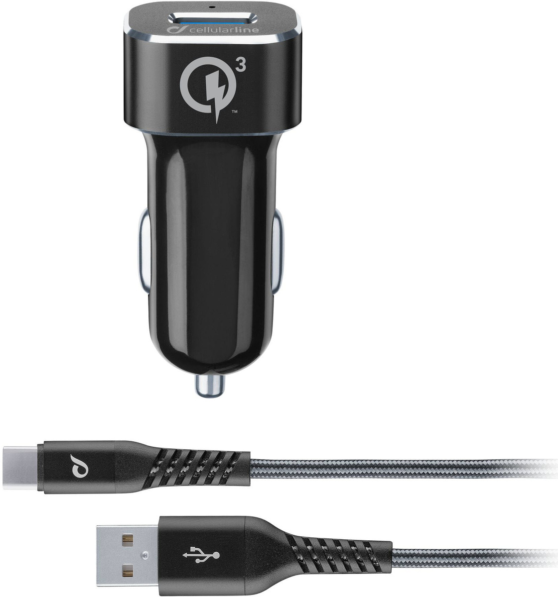 Sada USB nabíjačky do auta a kábla USB-C CELLULARLINE Tetra Force 18 W, Qualcomm Quick Charge 3.0, čierna - N