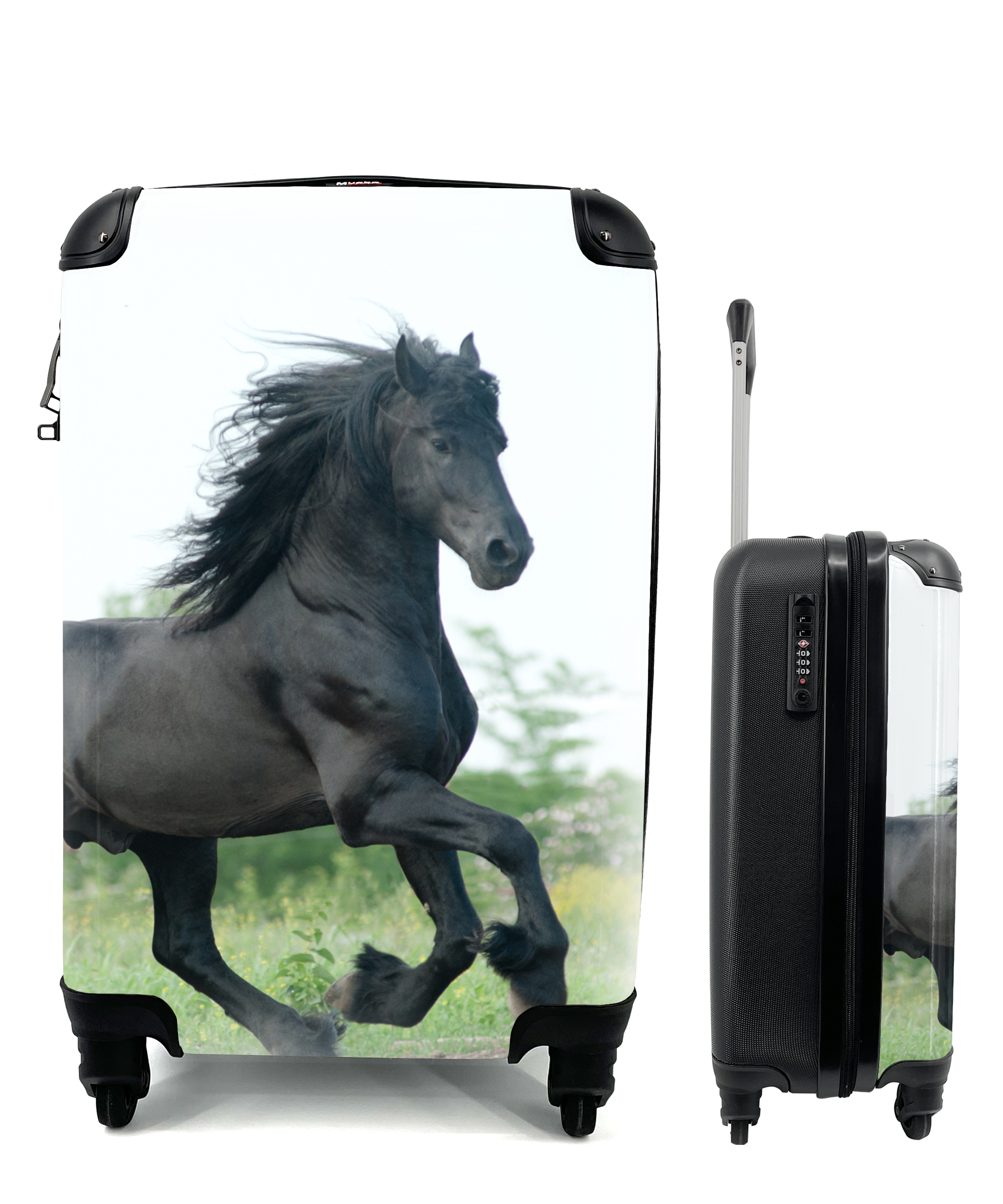 MuchoWow® Koffer Handgepäck Trolley Rollkoffer Kleine Reisekoffer mit 4 Rollen - Pferd - Schwarz - Natur - Cabin Size < 55x40x23 cm & 55x40x20 cm - Fotokoffer - Kabinenkoffer - Boardgepäck - Reise-Box - Reisekoffer - Reisegepäck - Koffer mit Bild - Trolley für Kinder 68|313191126