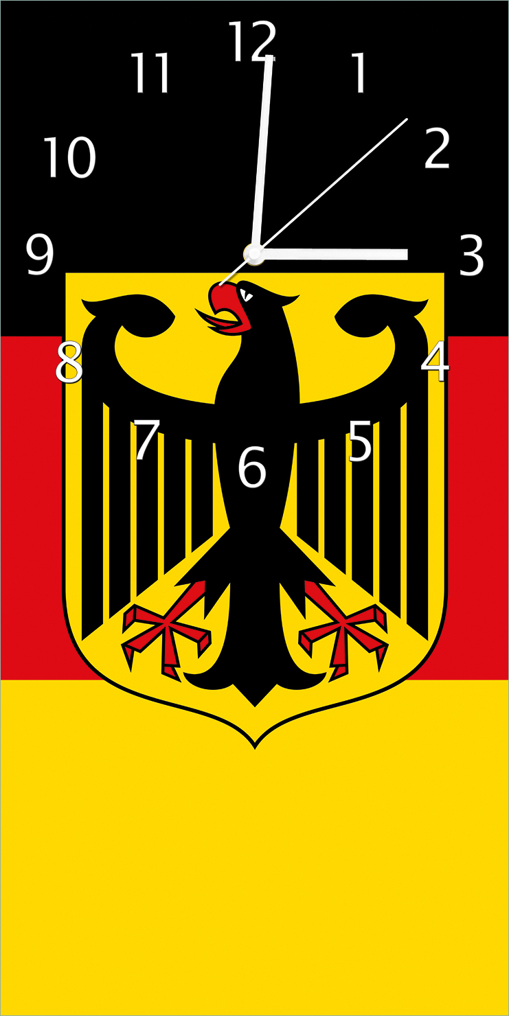 Wallario Design Wanduhr bedruckt, Größe 30 x 60 cm, Motiv: Deutsche Flagge mit Wappen uag0775-3060