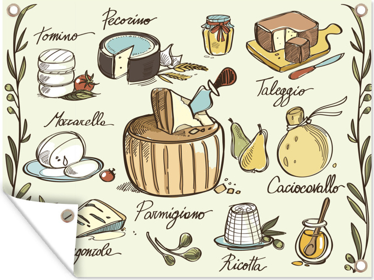 MuchoWow® 80x60 cm Outdoor-Poster Gartendeko Sichtschutz Garten Poster für den Garten Eine Illustration mit vielen Käsesorten wie Mozzarella und Gorgonzola 133|1351030
