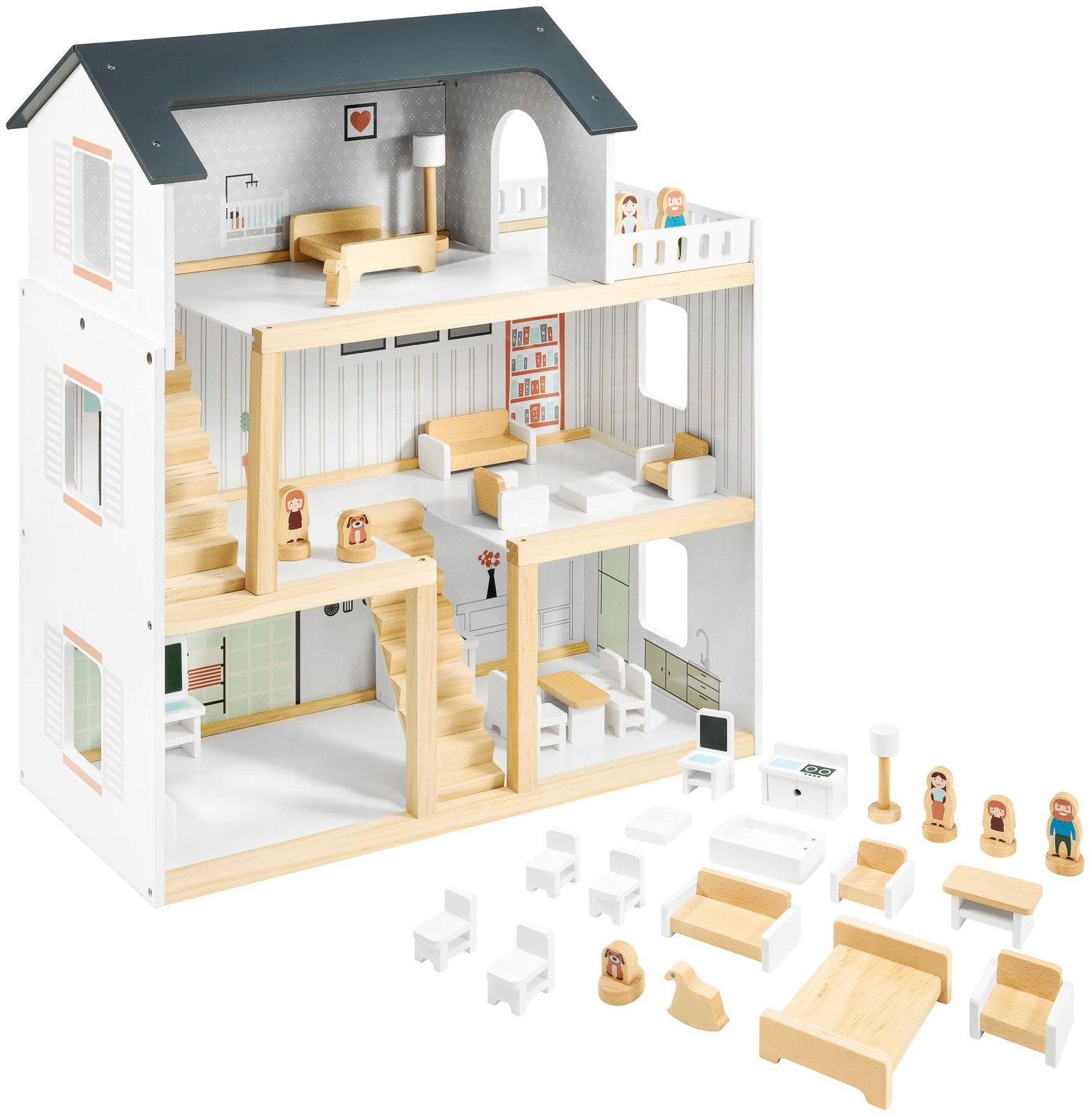 HOMCOM Kinder Puppenvilla Puppenhaus aus Holz Barbiehaus 3 Etagen mit Möbel 