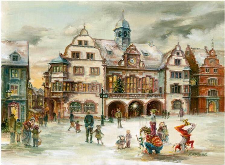Adventný kalendár Freiburg s motívom Čierneho lesa a panorámou mesta
