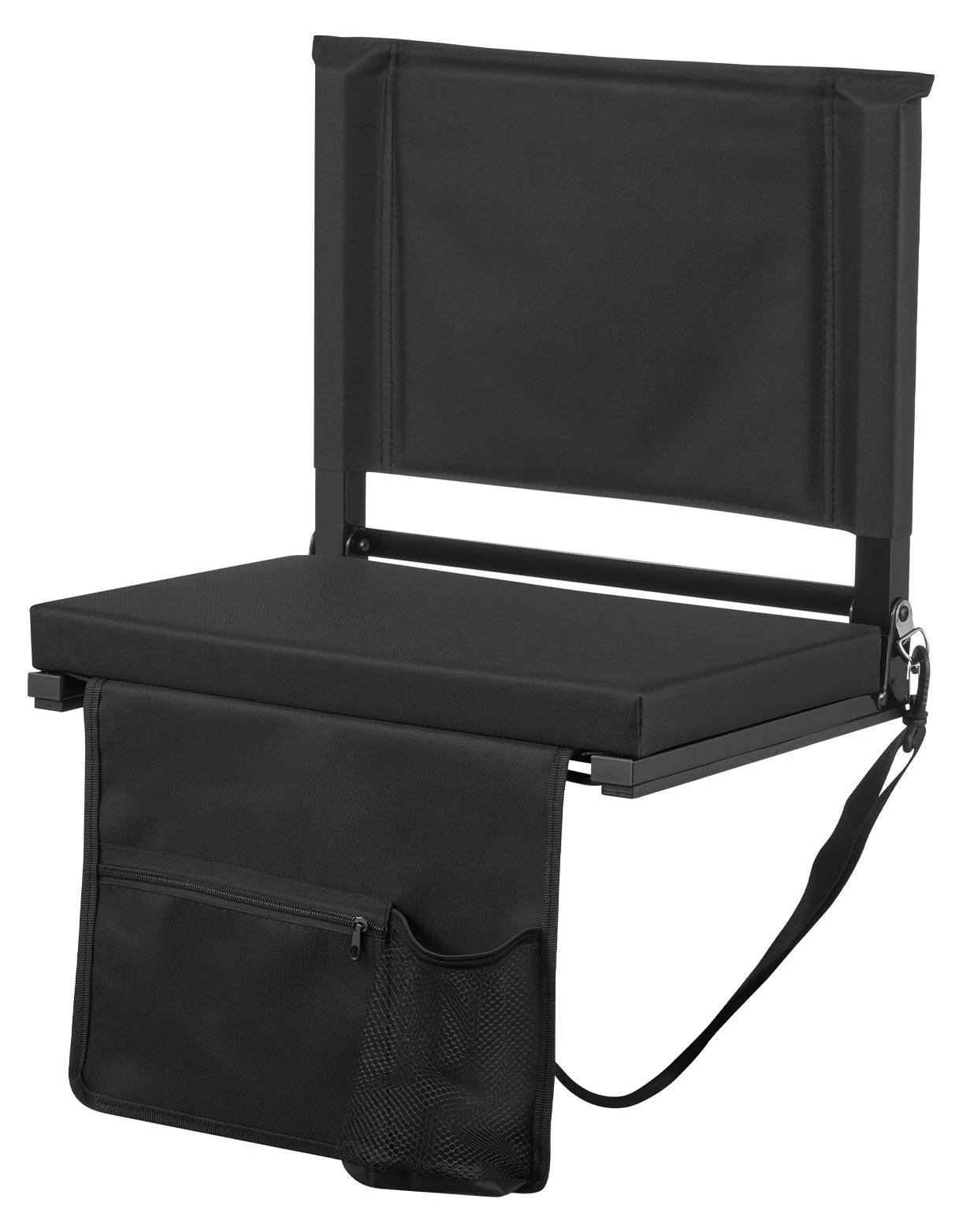 SucceBuy Klappbarer Stadionsitz mit Rückenlehne, gepolsterter Sitz mit Schultergurt, Getränkehalter, Haken und Netzfach, Stadionstuhl (431,8 mm Breite) schwarz, 1 Stück