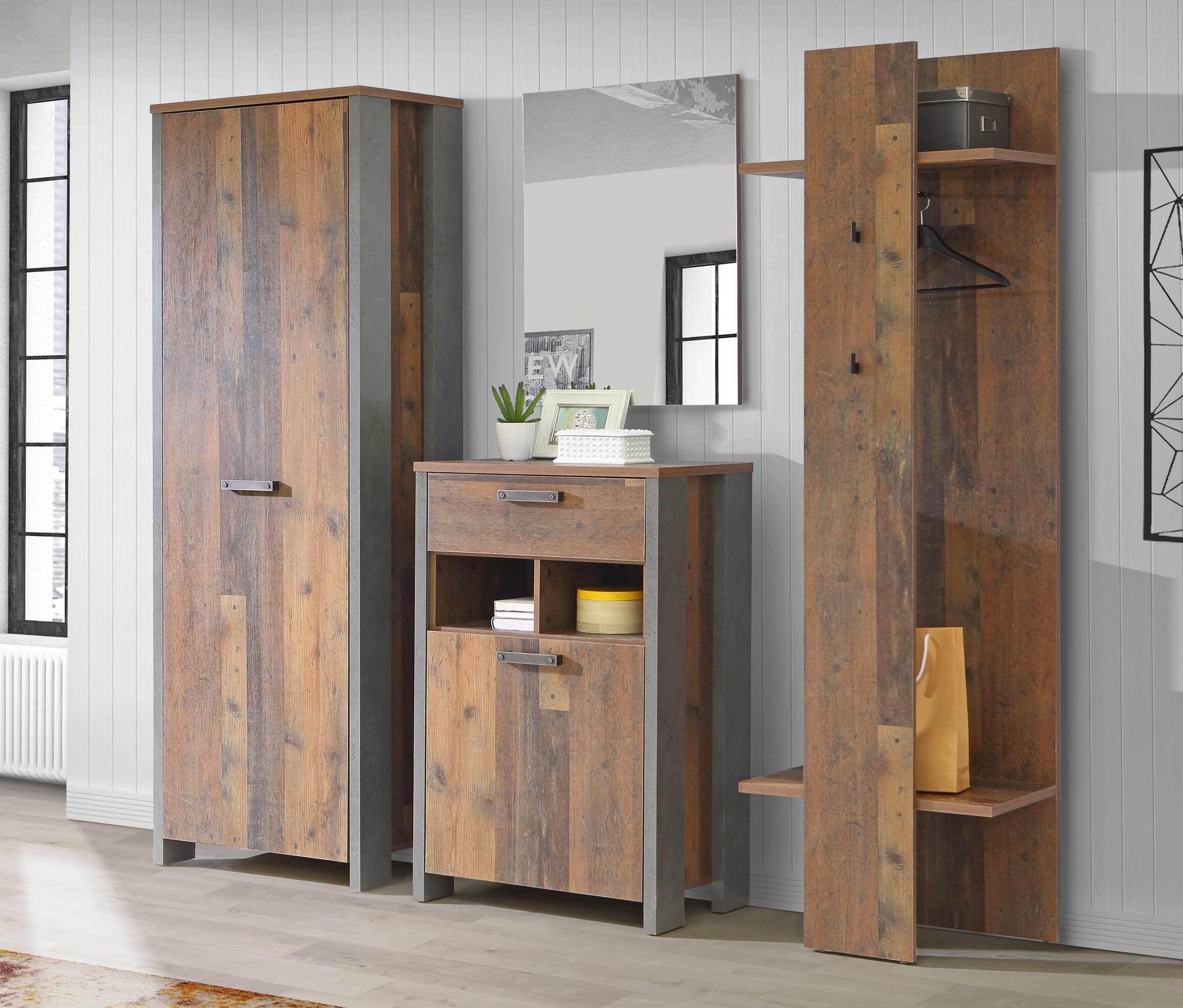 Garderobe CLIF Garderobenset 4-tlg. Optik: Old Wood Vintage von Forte Garderobenkombi-C546