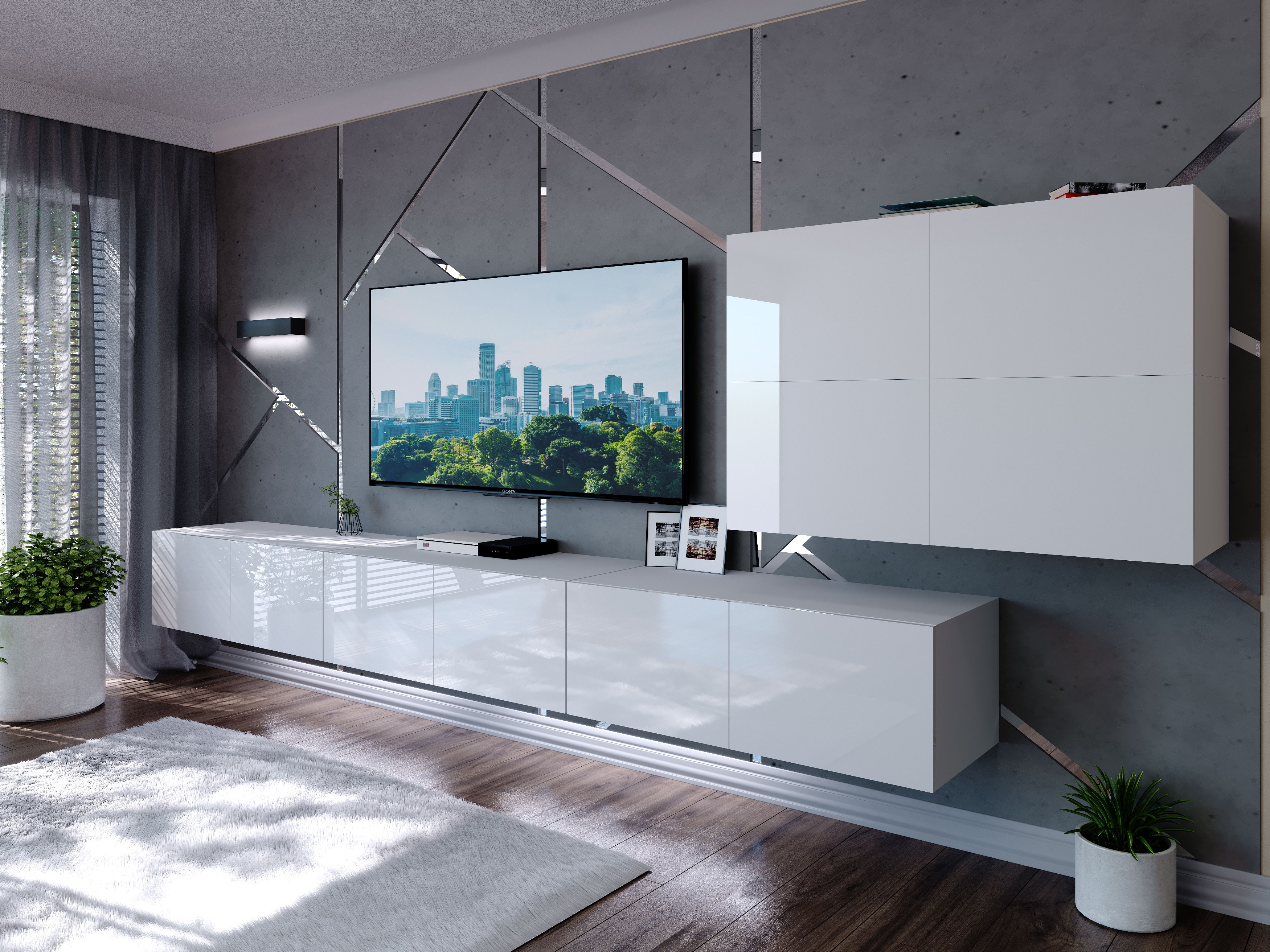 domando wohnwand imperia m6 modern für wohnzimmer breite 350cm, variabel  hängbar, push-to-open-system, led beleuchtung in weiß, hochglanz in weiß  matt