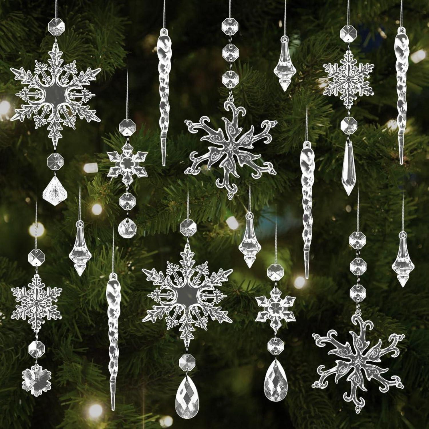 12 Pendentifs Flocons De Neige Transparents 10 Cm - Décoration De Sapin De Noël, Avec Cordon De Suspension, Motifs Variés - 13