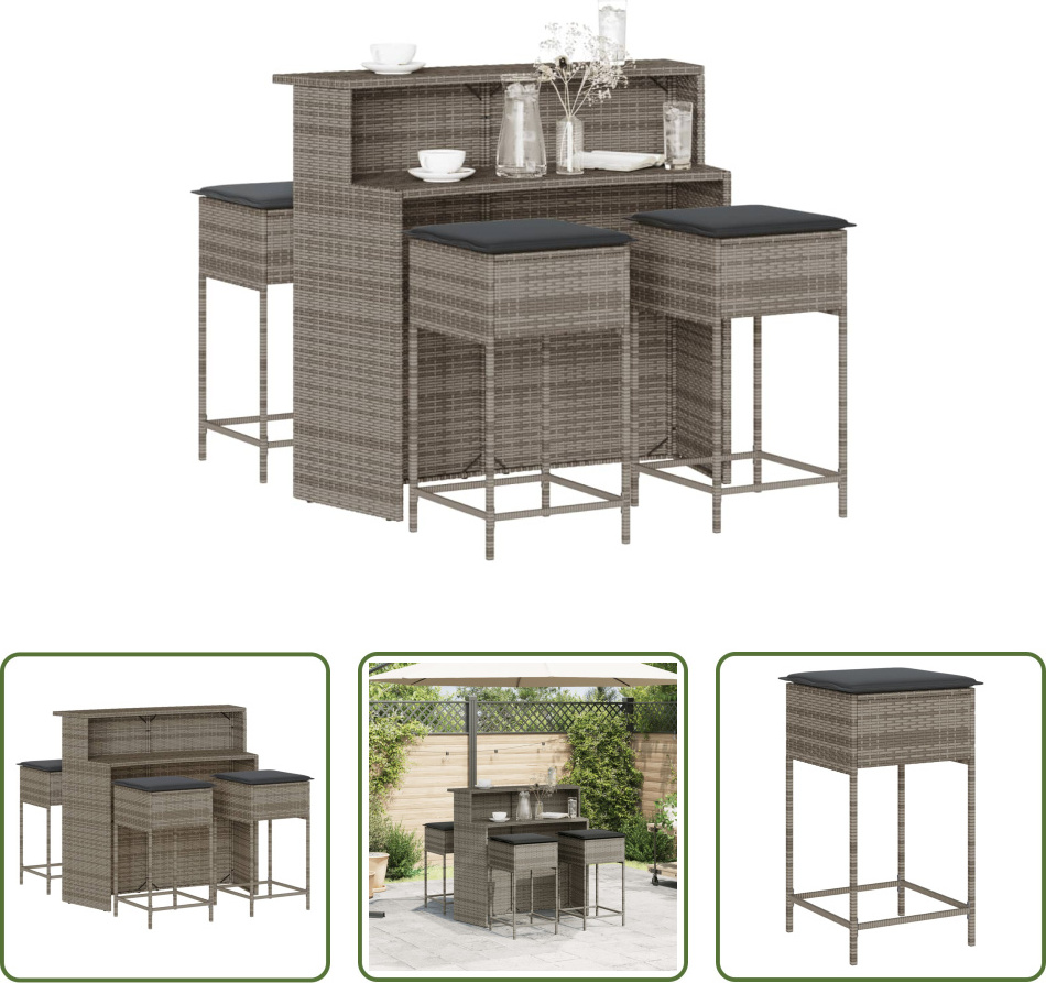 The Living Store 5-dielny záhradný barový set s vankúšmi sivý polyratan