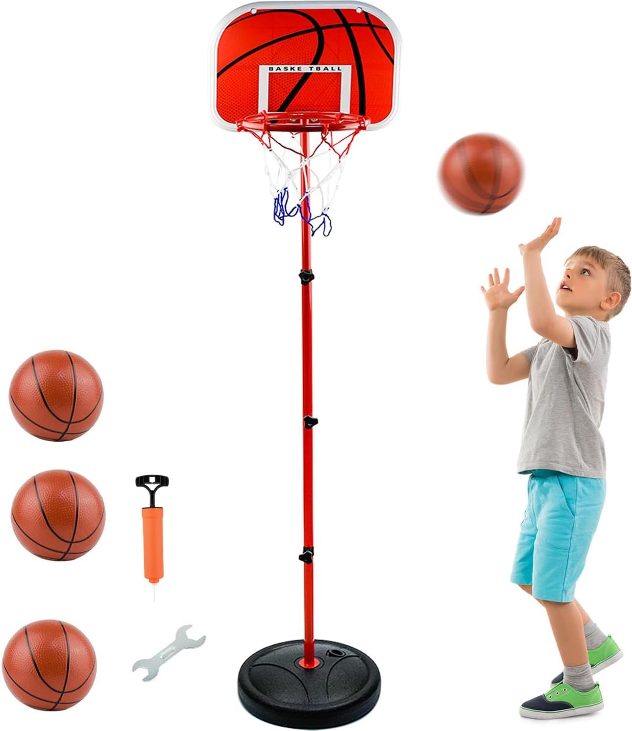 Markenlos Basketballkorb - Basketballkorb für drinnen und draußen – Basketballring mit Standfuß – Basketball – Verstellbarer Basketballkorb für Kinder - Mit 3x Basketball und Ballpumpe