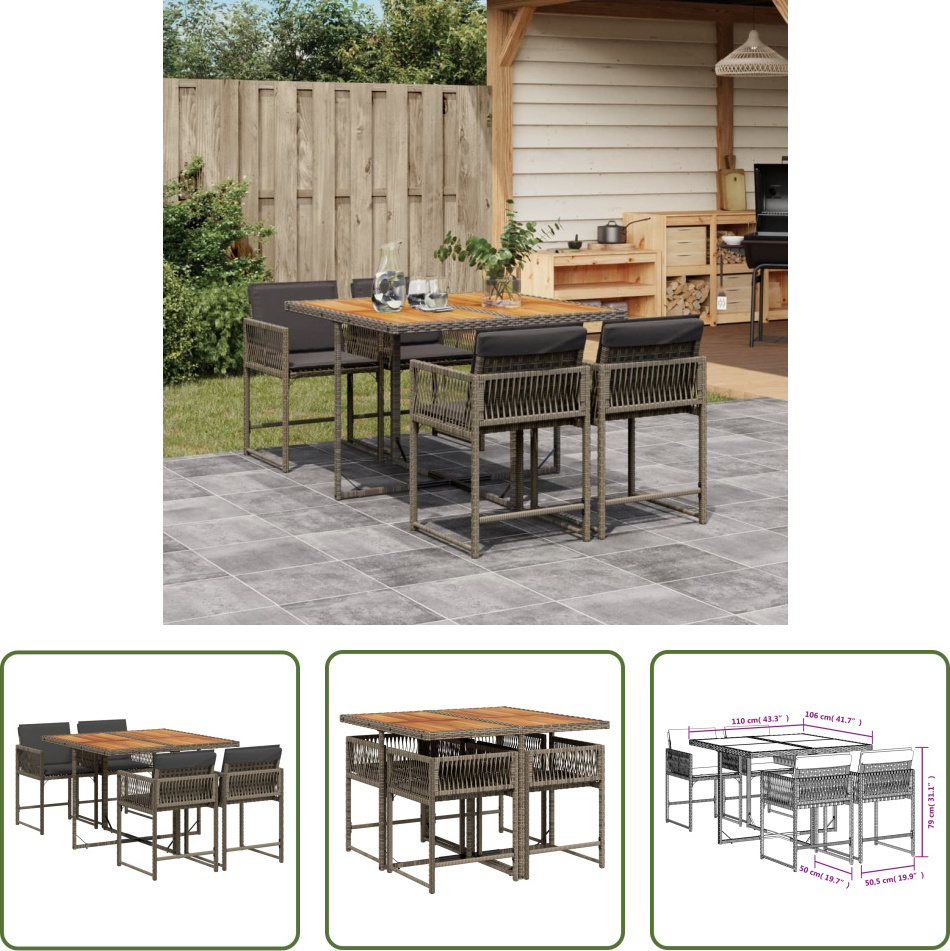 The Living Store 5-dielny záhradný jedálenský set s vankúšmi sivý polyratan