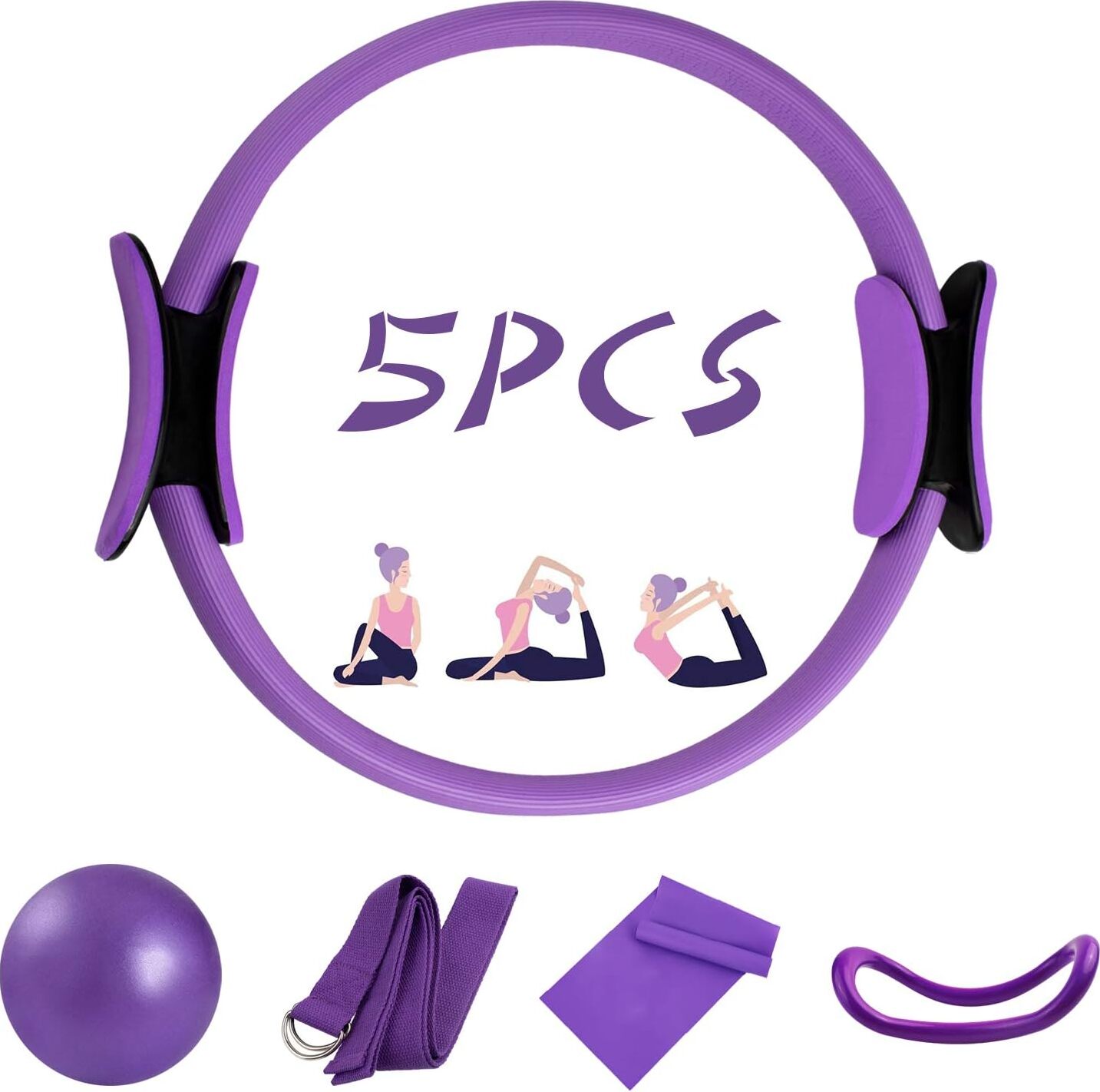 Mmgoqqt 5-teiliges Pilates-Ring-Set, 35,6 cm, Yoga-Fitness-Magic Circle, Pilates-Ausrüstung für das Training zu Hause, Fitness-Set Kau-XLA-25064-199