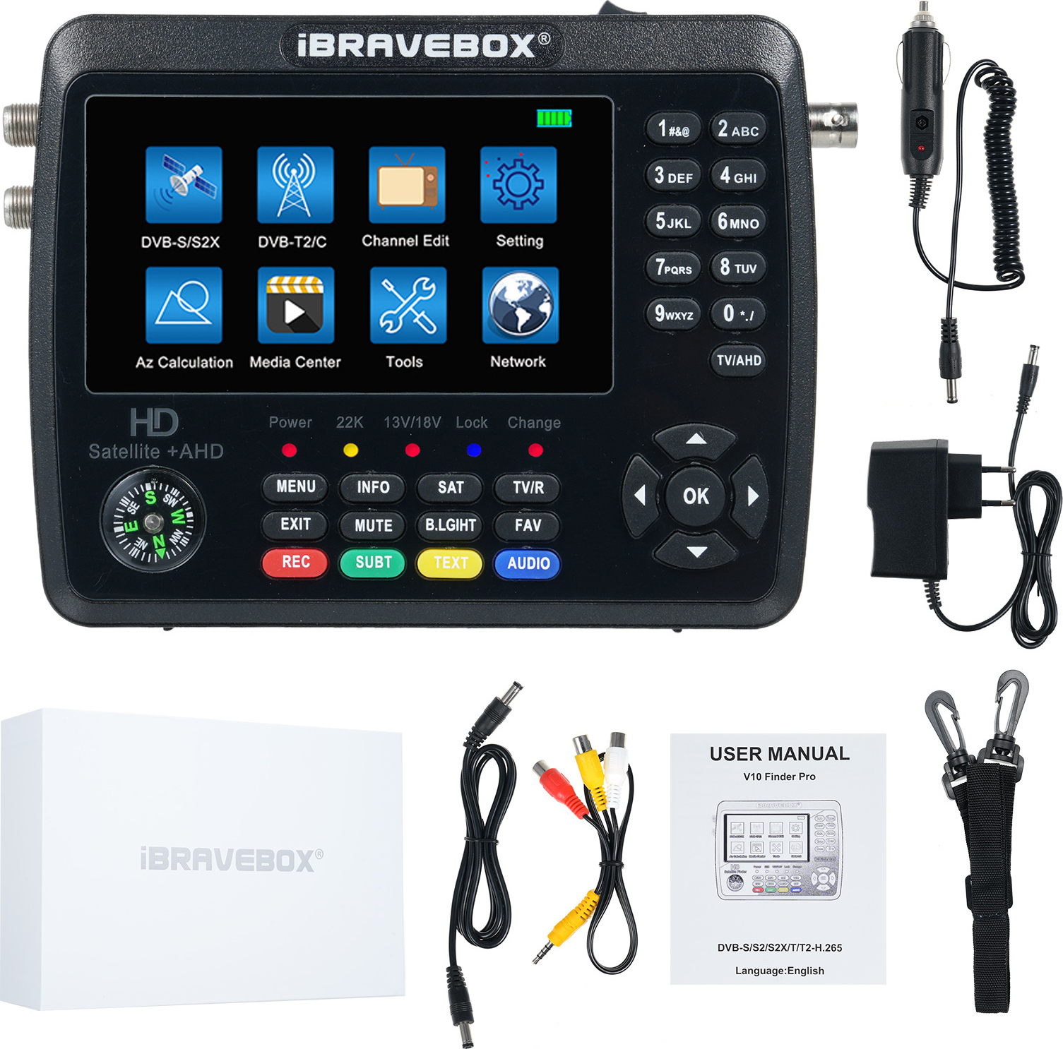 Aibecy iBRAVEBOX V10 Finder Pro+ Satellitenfinder-Signalmesser, 4000-mAh-Akku fuer DVB-S/S2/S2X/T/T2/C-Receiver, HD-Satelliten-TV-Signalfinder, 4,3-Zoll-LCD-Bildschirm