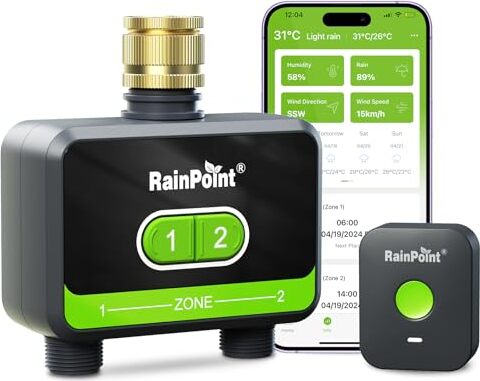 RainPoint Regenpoint -Bewässerung Computer WLAN 2 Ausgänge, Messingeinlass, automatische Gartenwässerung Timer App/Sprachregelung, System Gewächshaus