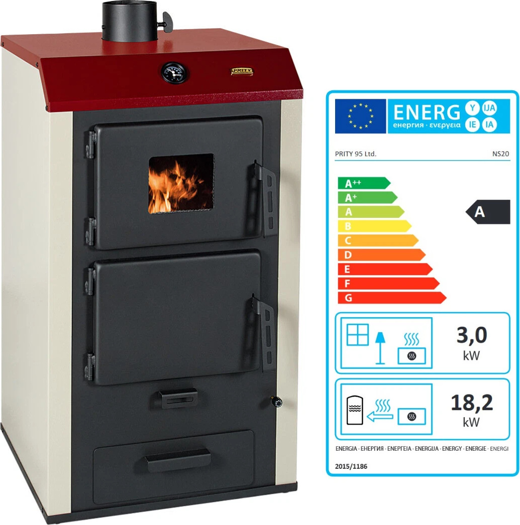 EEK A -Kachle na drevo PRITY NS20 s vodným výmenníkom tepla Kachle na ústredné kúrenie - 18,2+3 kW