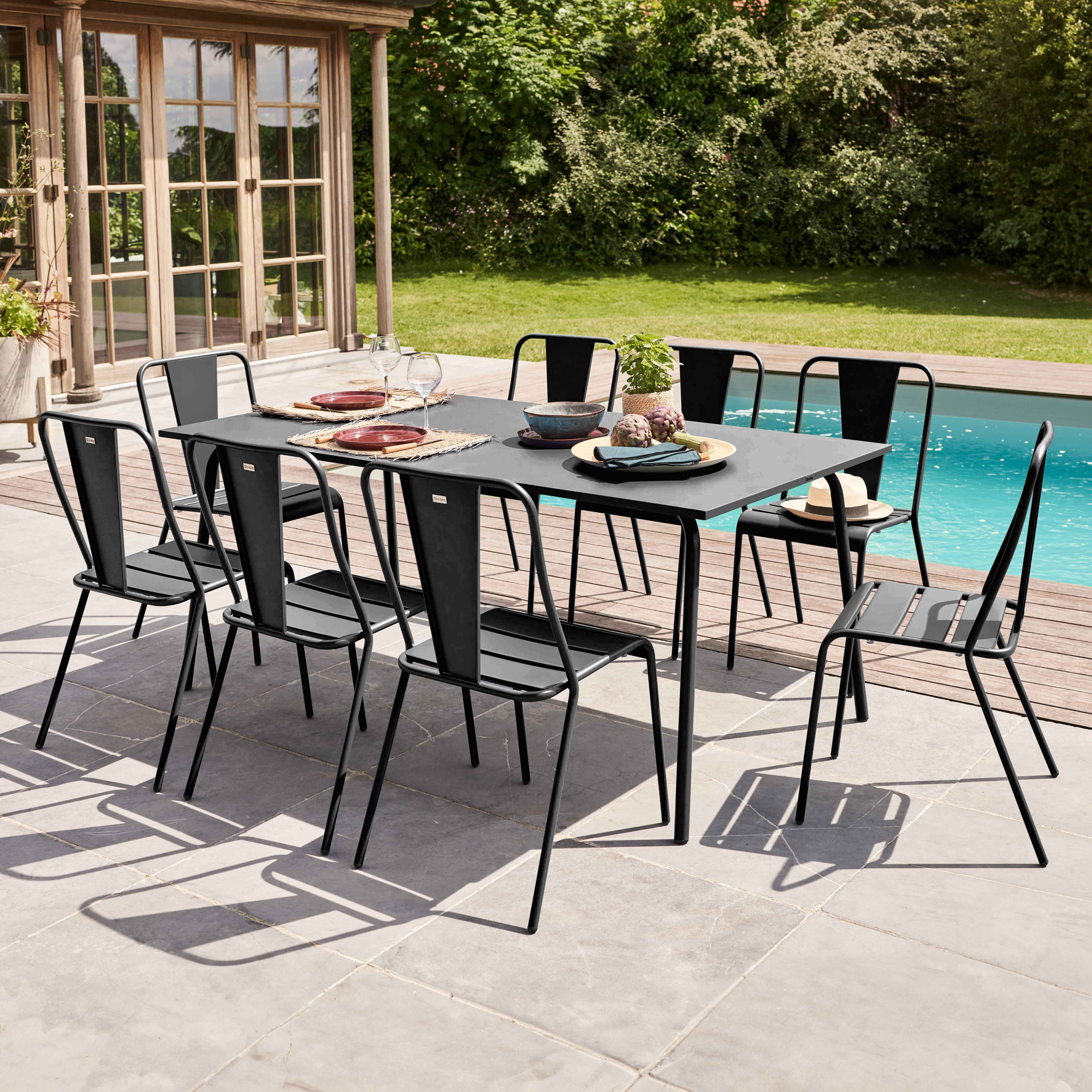 Stuhl Gartentisch und 8 Bistrostühle aus grauem Stahl - Oviala Palavas 109514