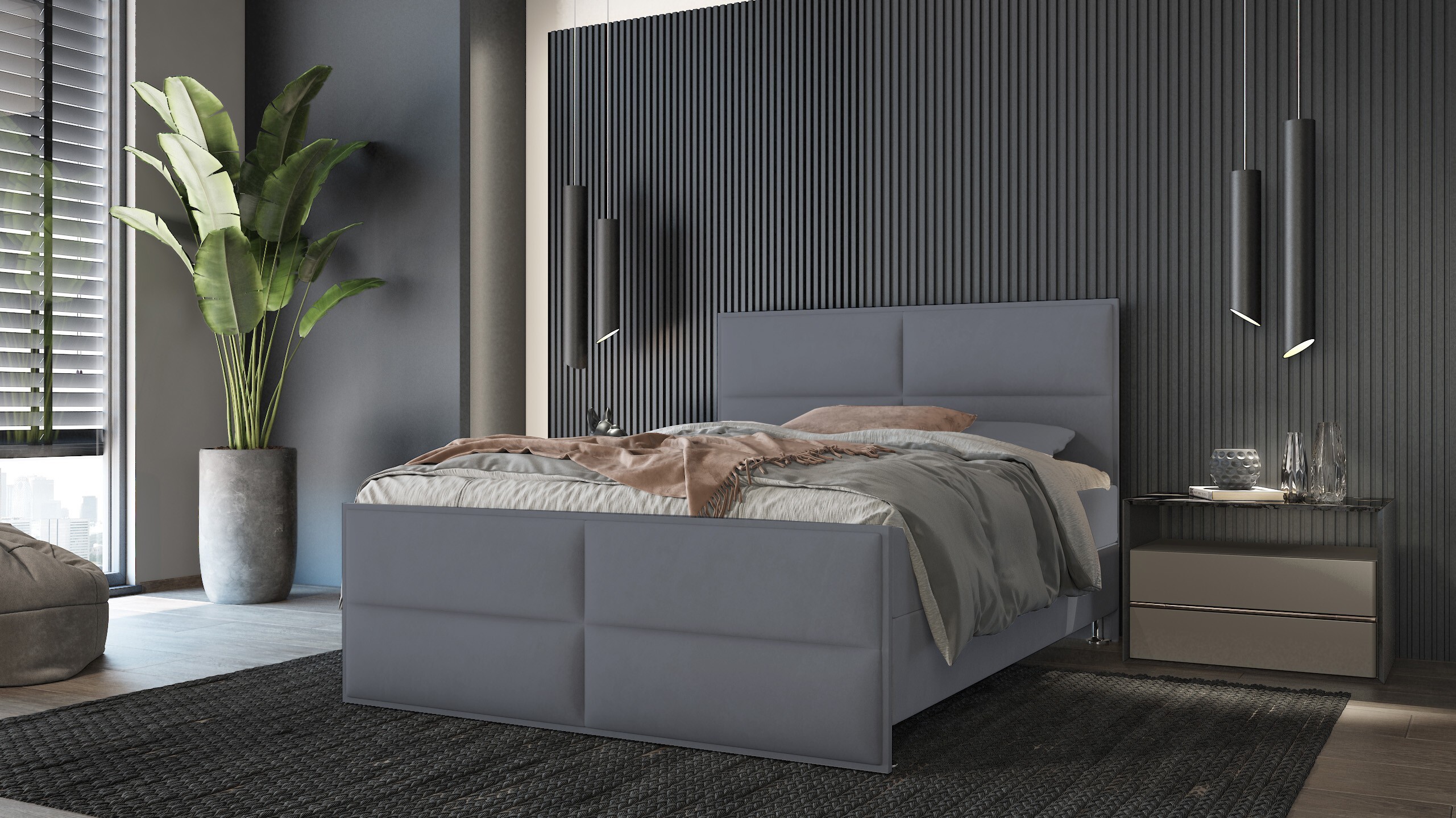 PREDAJ LEADER skriňová pružinová posteľ BERN 200x200 cm čalúnená posteľ s dvoma zásuvkami, kompletná súprava s matracom a topperom (4 cm), sivá, látka na posteľ ELEMENT 23